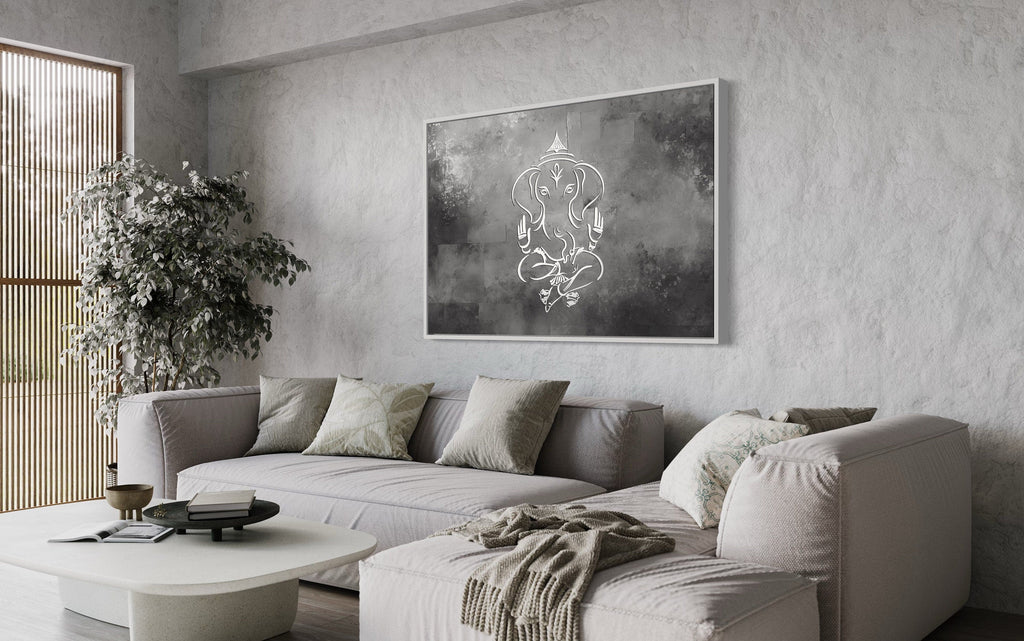 Grey Silver White Minimalist Lord Ganesh Framed Canvas Wall Art