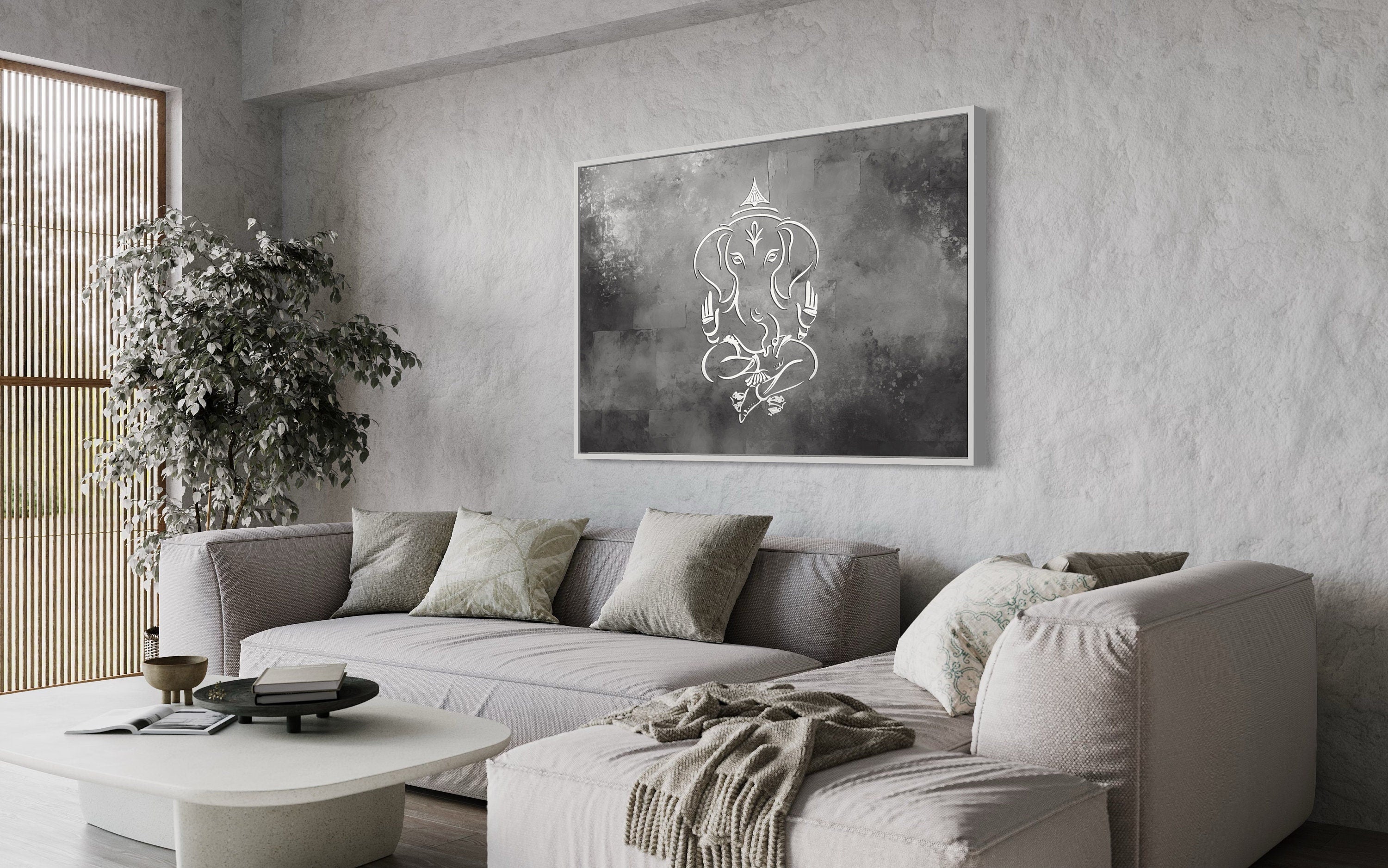 Grey Silver White Minimalist Lord Ganesh Framed Canvas Wall Art