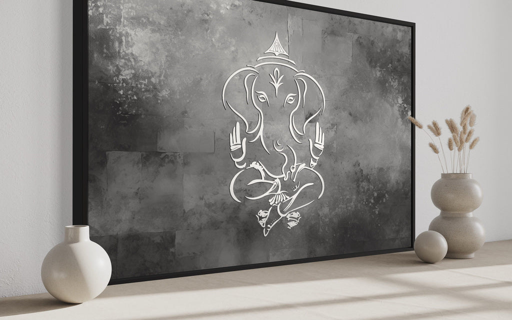 Grey Silver White Minimalist Lord Ganesh Framed Canvas Wall Art