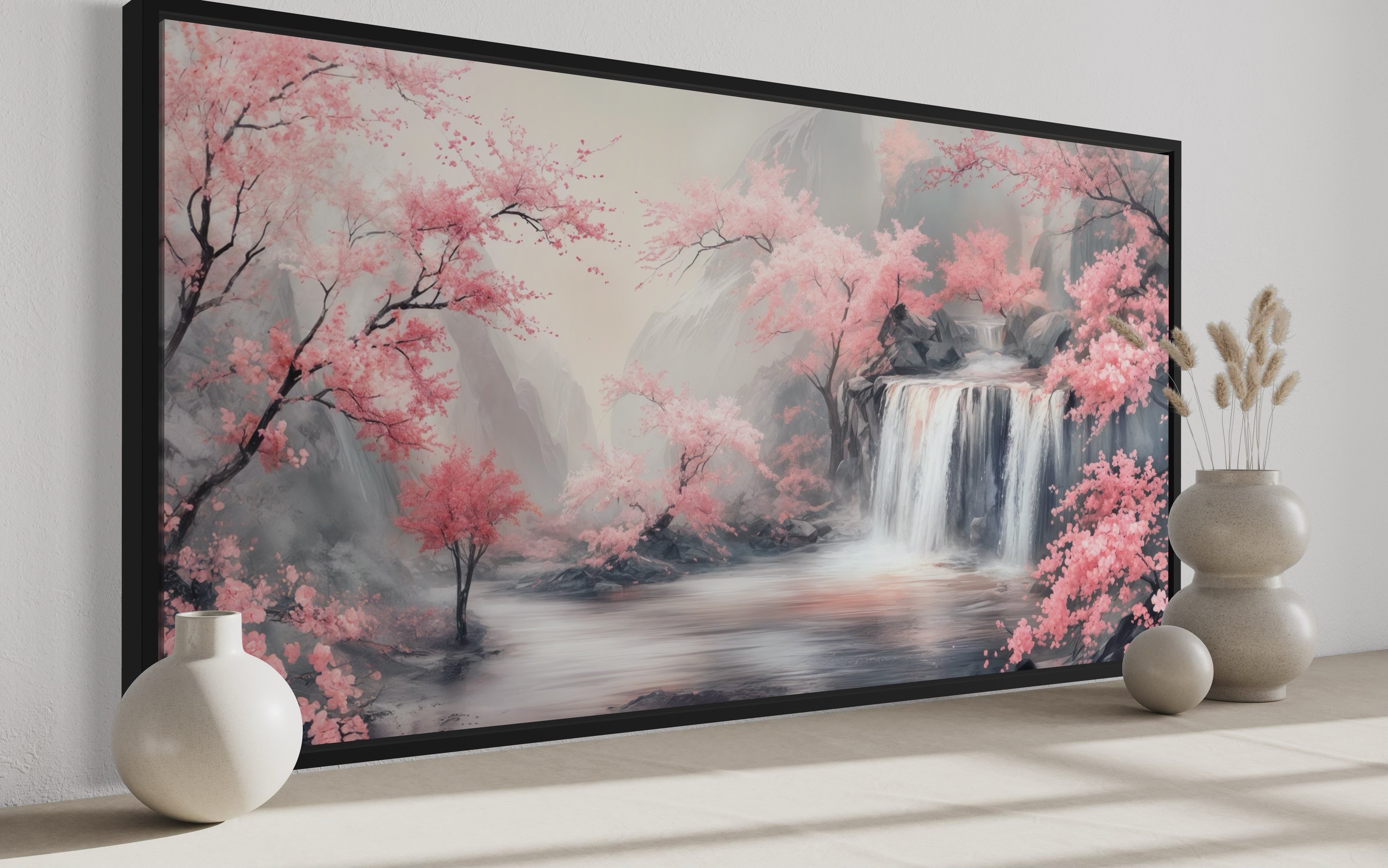 Grey Waterfall And Blush Pink Cherry Blossom Framed Canvas Wall Art