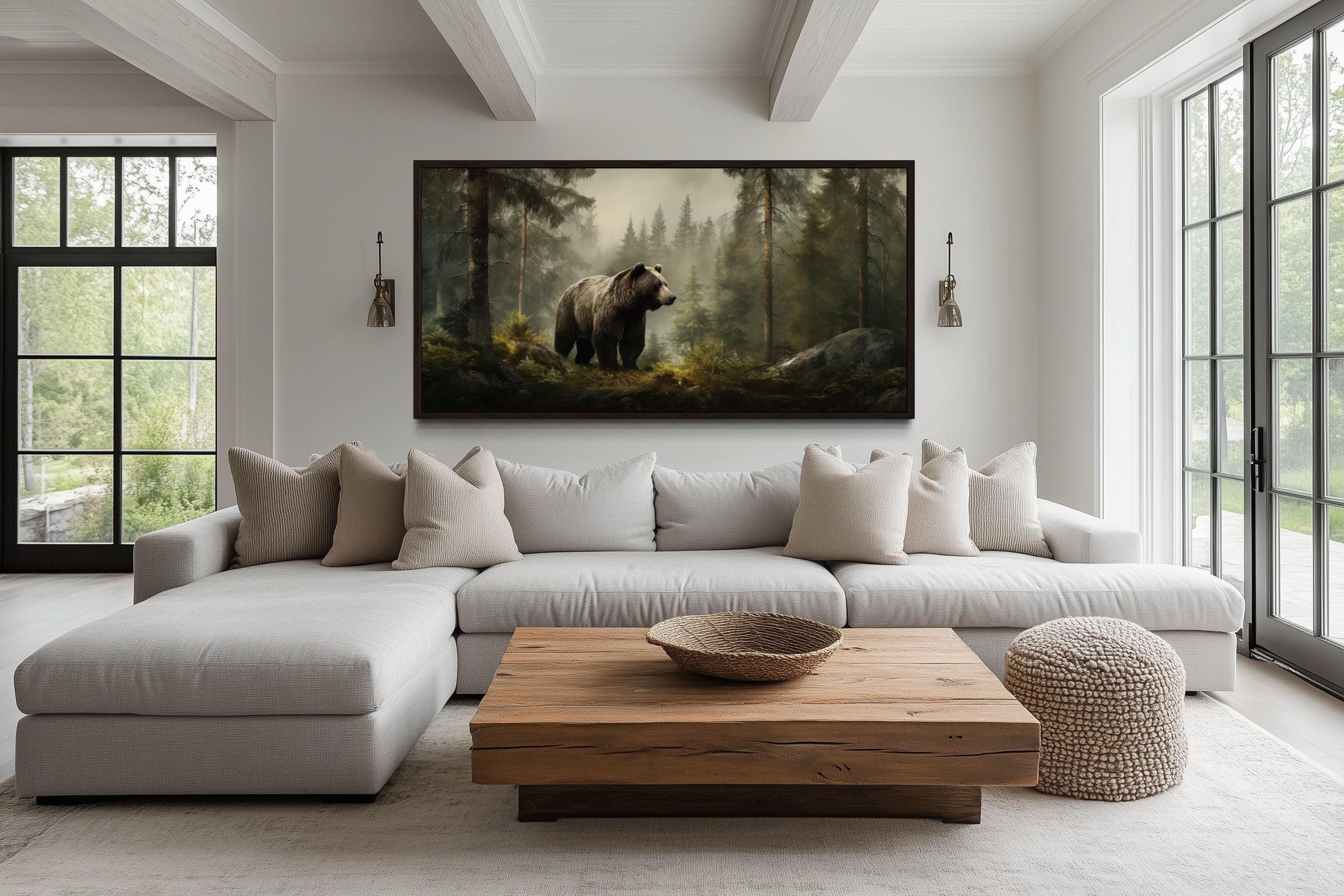Grizzly Bear Wall Art – Rustic Cabin Canvas Print | Foggy Forest Wildlife Decor