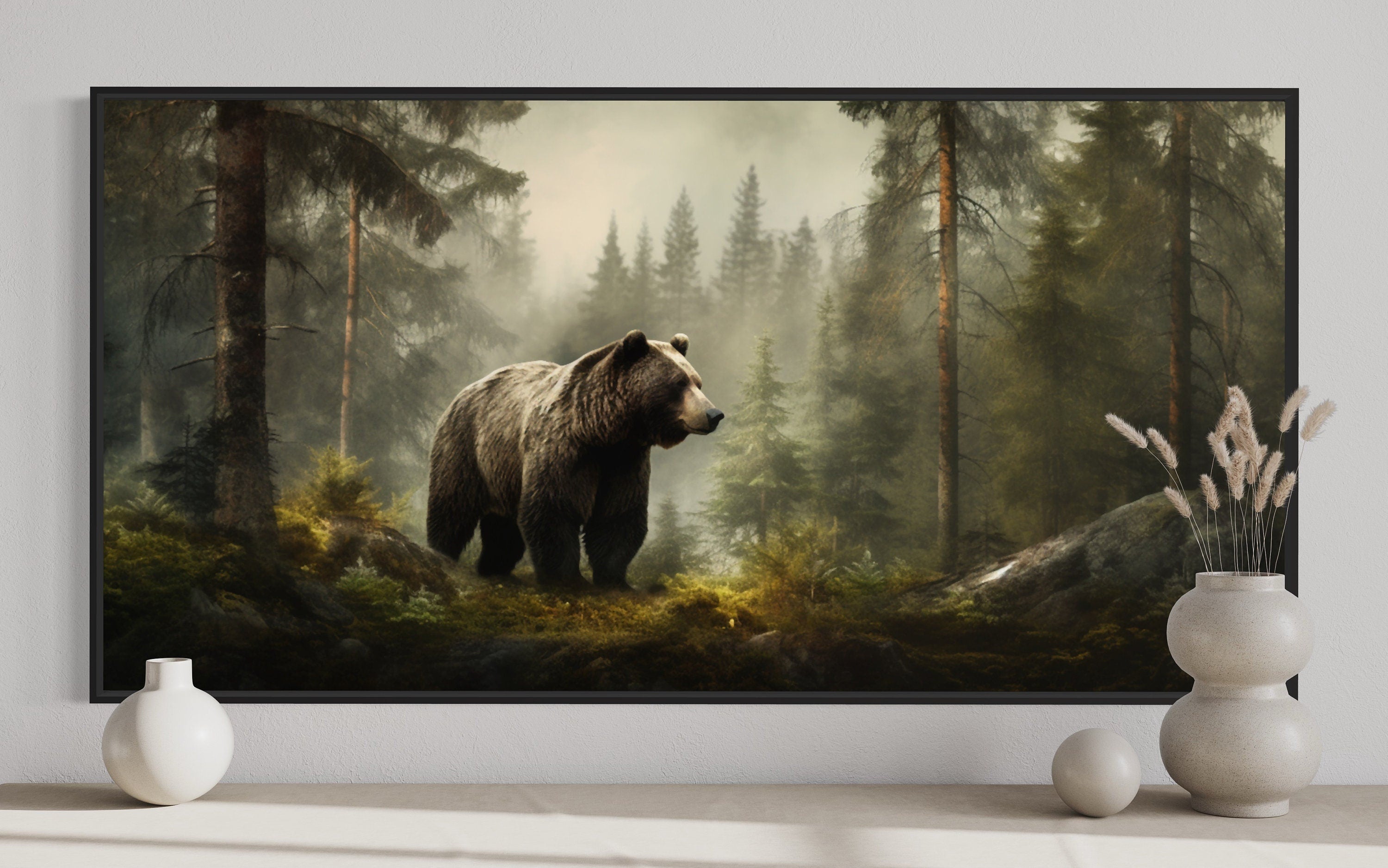 Grizzly Bear Wall Art – Rustic Cabin Canvas Print | Foggy Forest Wildlife Decor