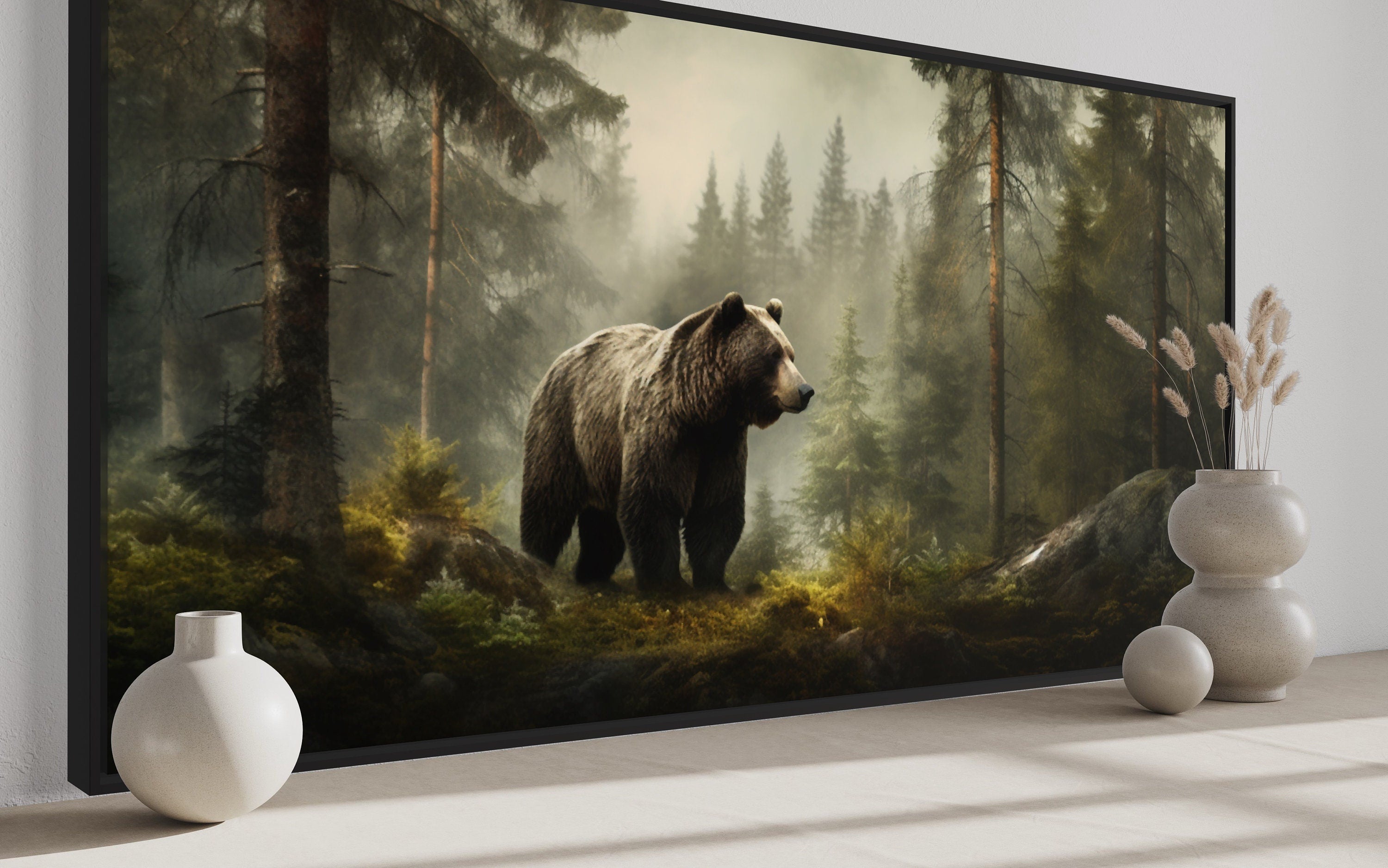 Grizzly Bear Wall Art – Rustic Cabin Canvas Print | Foggy Forest Wildlife Decor