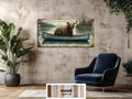 Grizzly Bear in Blue Canoe Distressed Wood Wall Art, Rustic Lake Cabin Wildlife Scene Decor