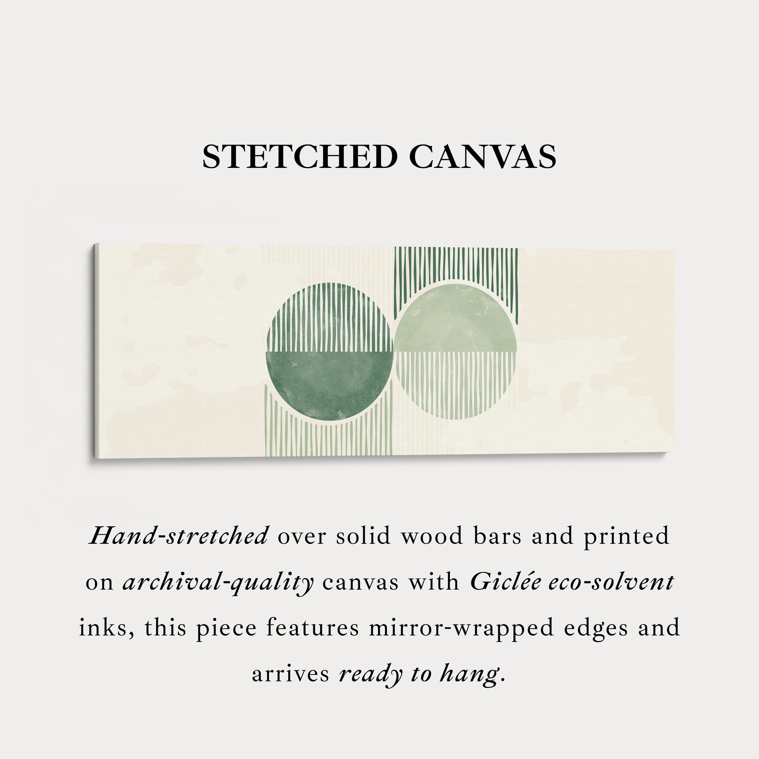 Long Framed Canvas Modern Green Circles With Textured Stripes For Living Spaces