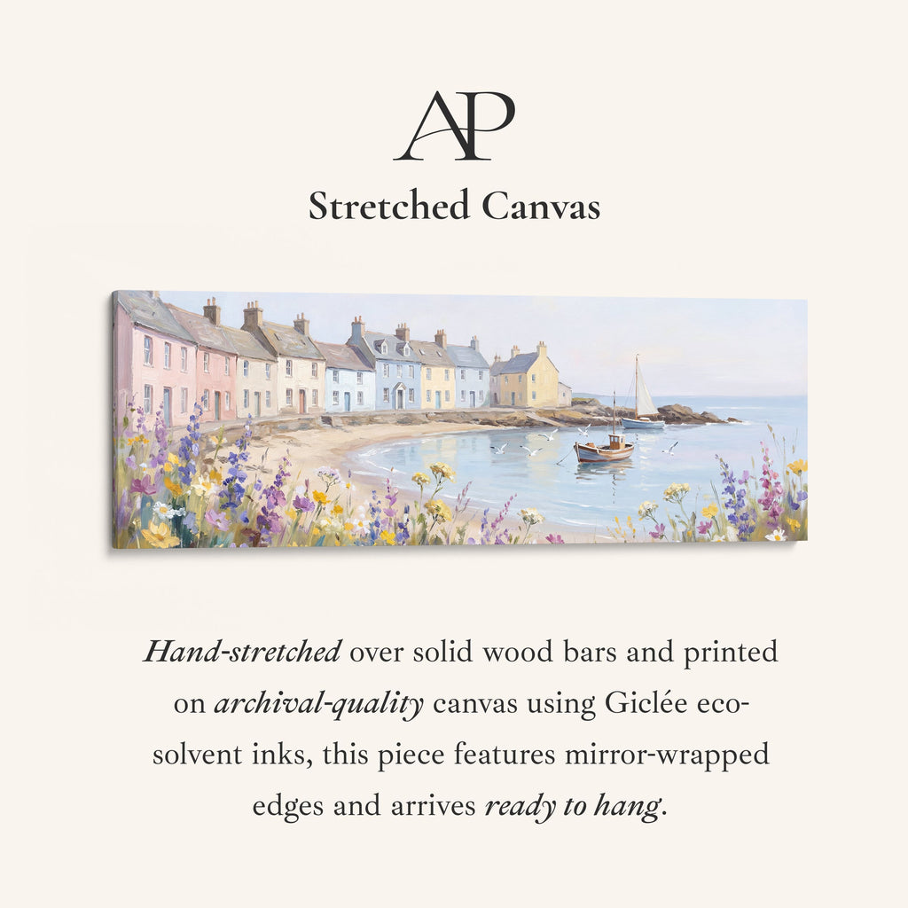 Panoramic Wall Art Pastel Seaside Cottages Long Canvas For Living Room