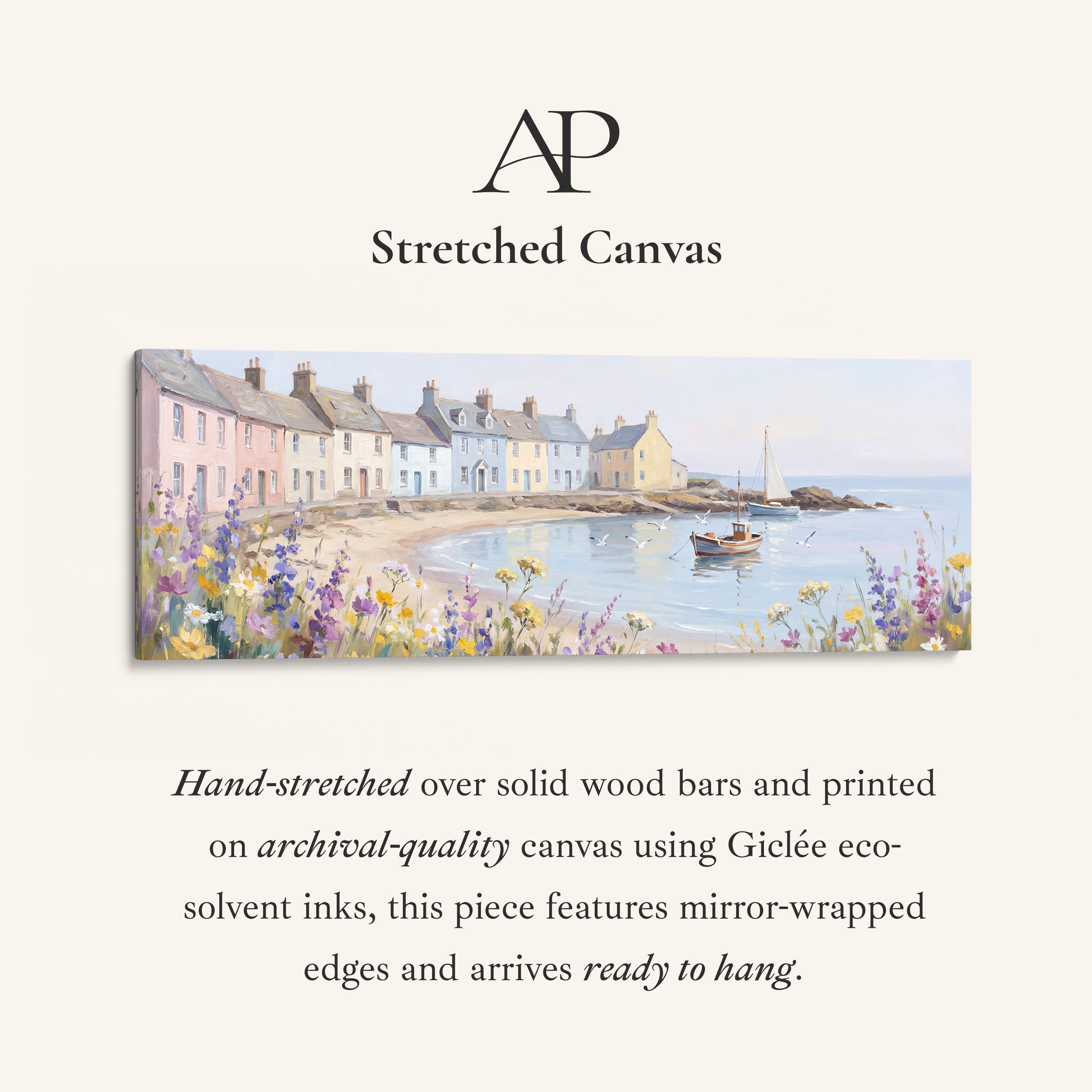 Panoramic Wall Art Pastel Seaside Cottages Long Canvas For Living Room