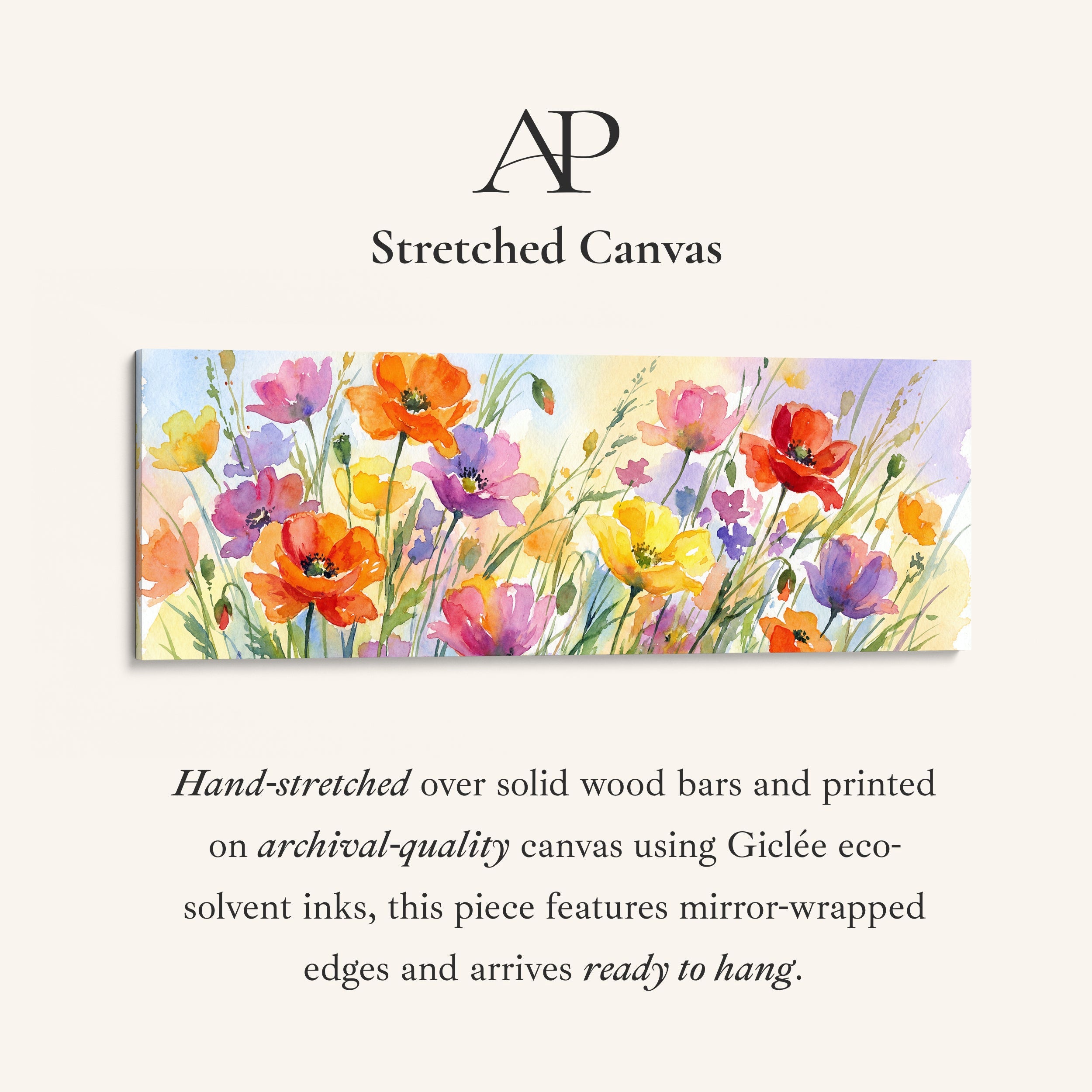 Horizontal Wall Art Watercolor Poppy Field Long Canvas For Living Room