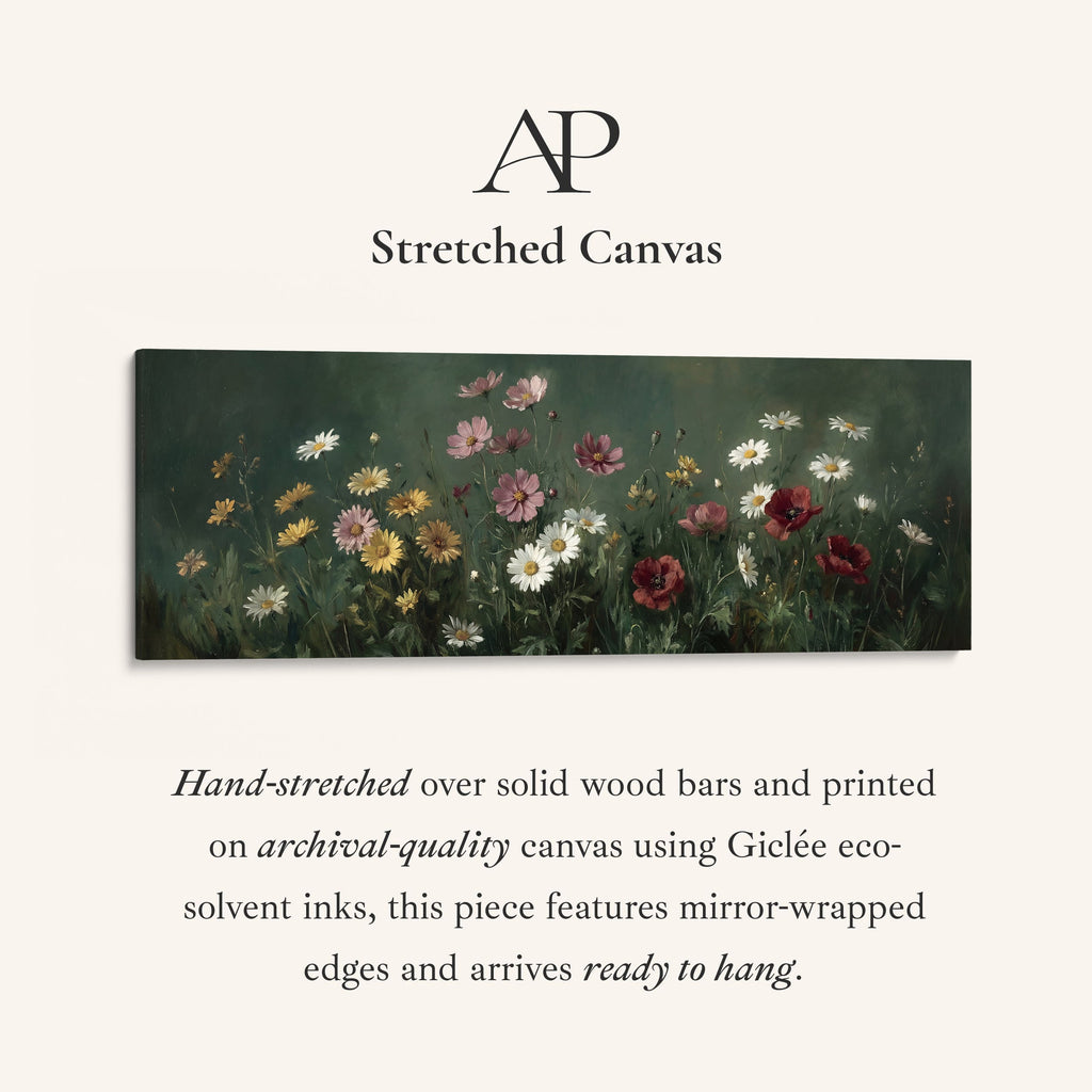 Long Framed Canvas Dark Meadow Daisies Long Canvas For Bedroom