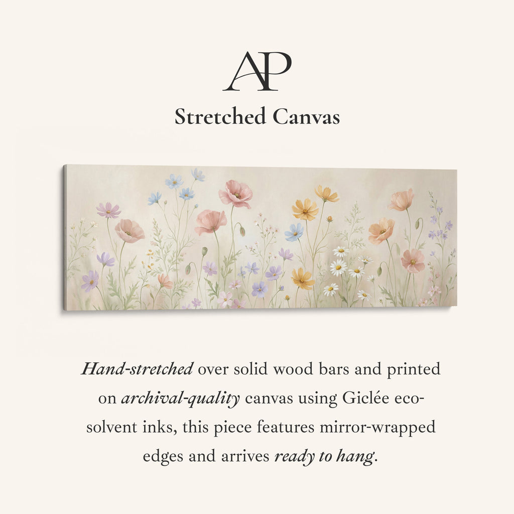 Pastel Wildflowers On Beige Background Large Wall Art Panoramic Canvas Print Bedroom
