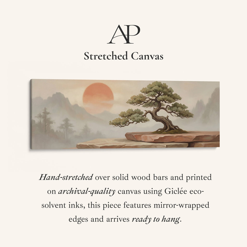 Long Wall Art Bonsai Tree With Red Sun Panoramic Canvas Bedroom