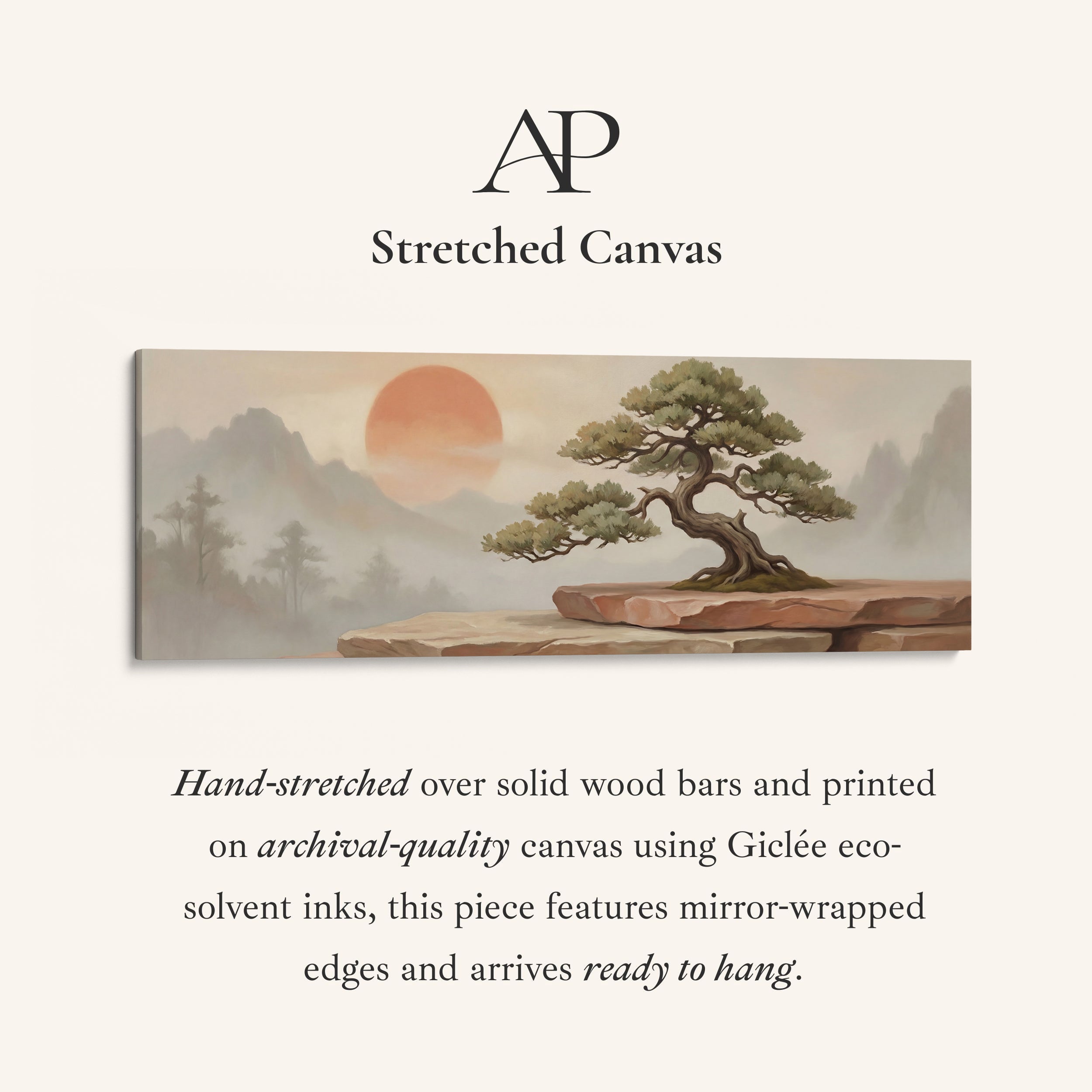 Long Wall Art Bonsai Tree With Red Sun Panoramic Canvas Bedroom