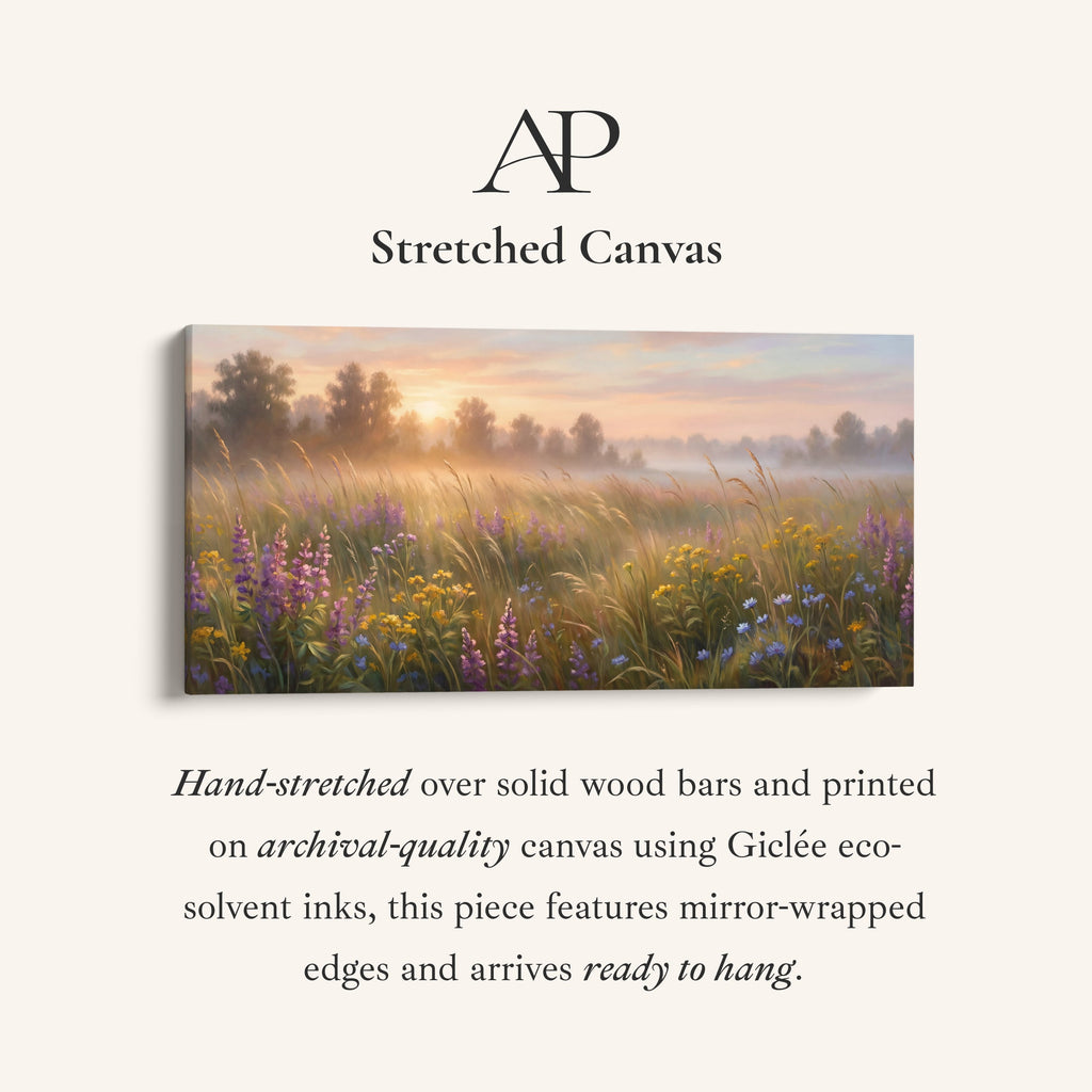 Sunrise Wildflower Field Horizontal Wall Art Panoramic Canvas Print For Bedroom