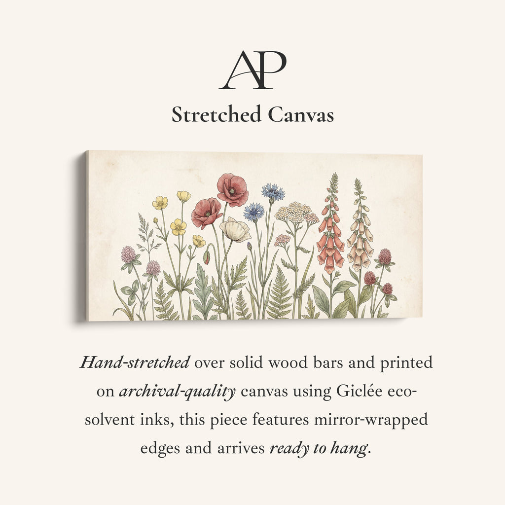 Panoramic Wall Art Vintage Meadow Flowers Illustration Extra Wide Canvas For Bedroom