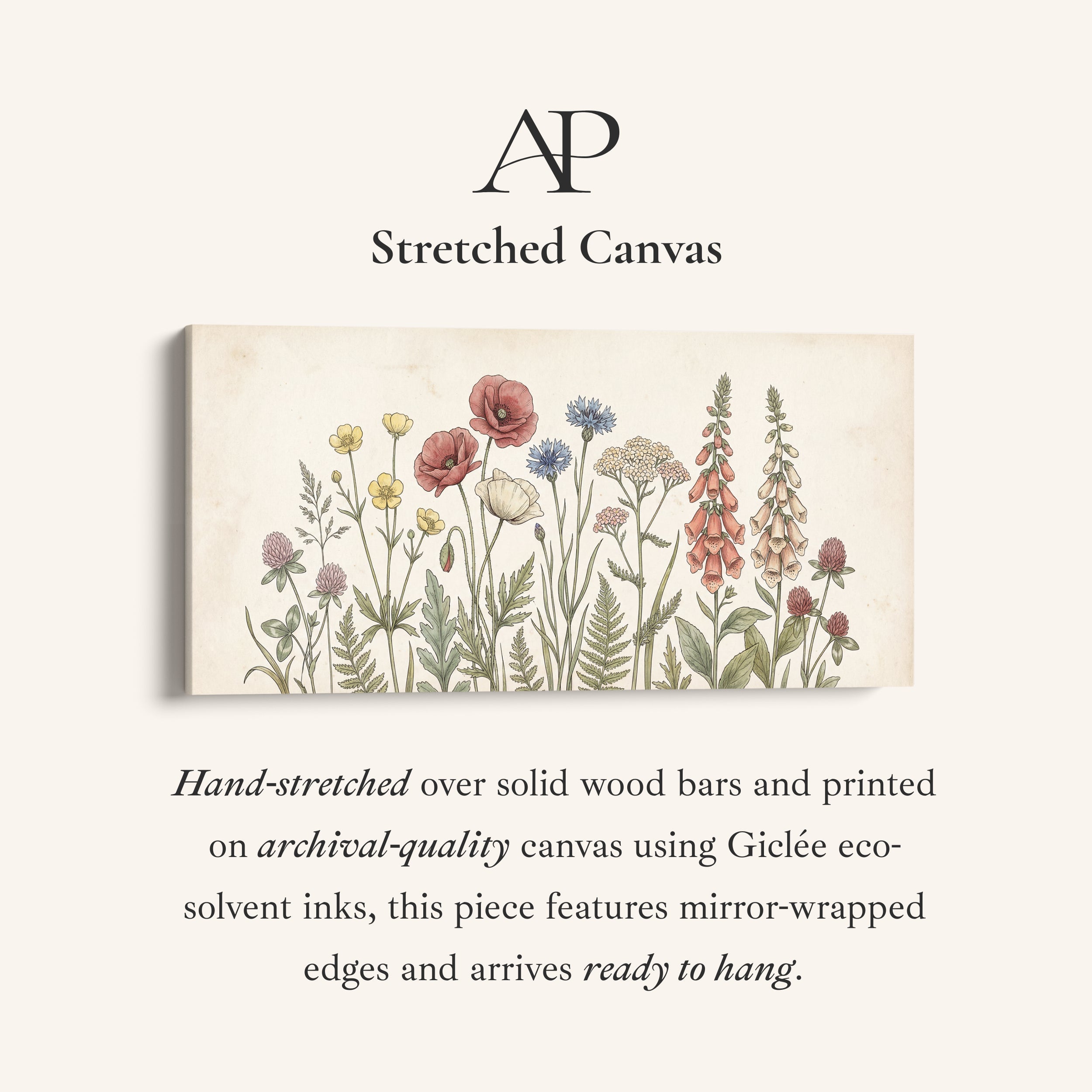 Panoramic Wall Art Vintage Meadow Flowers Illustration Extra Wide Canvas For Bedroom