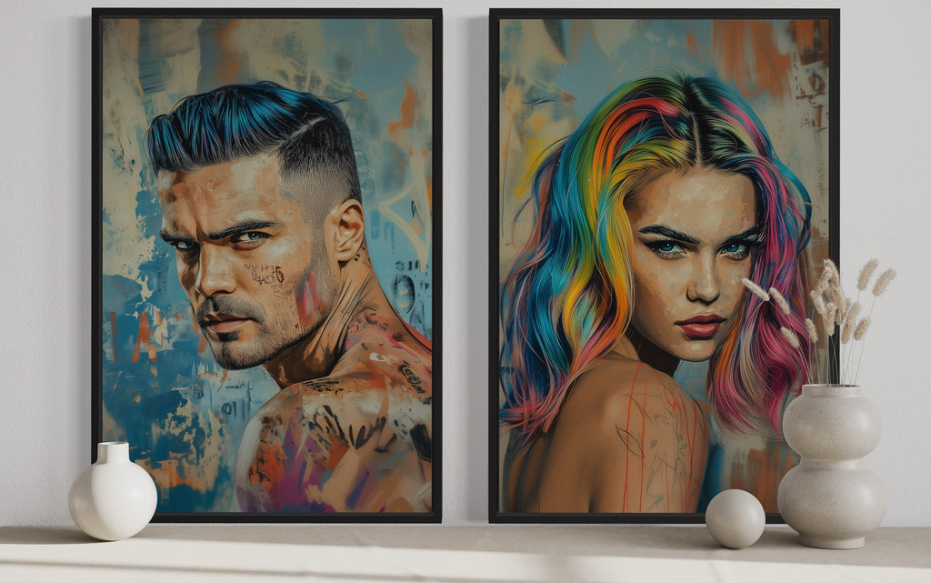 Hair Salon Wall Decor Set Of Two Man And Woman With Rainbow Hair Canvas Wall Art