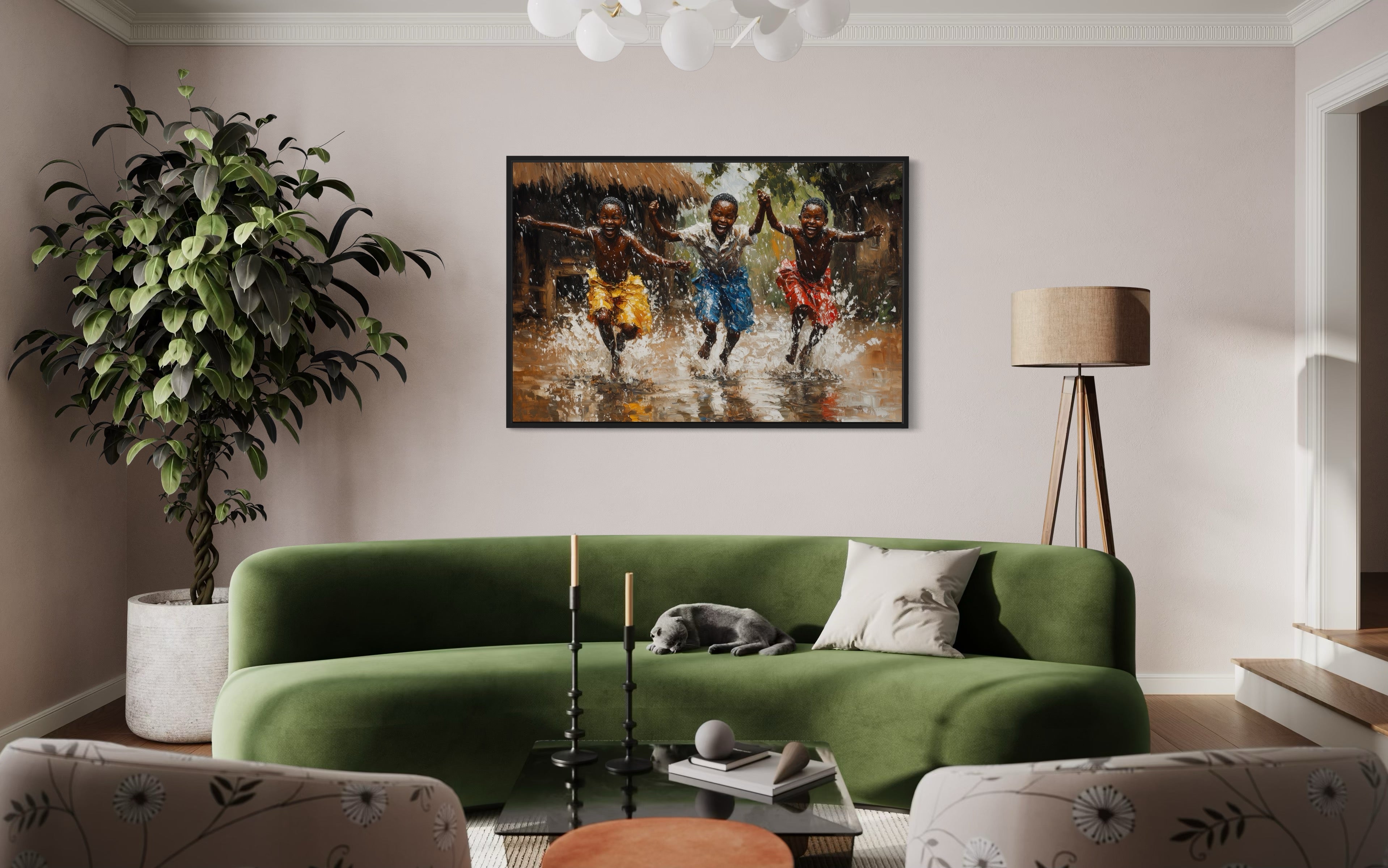 Happy African Boys Dancing In Rain Framed Canvas Wall Art