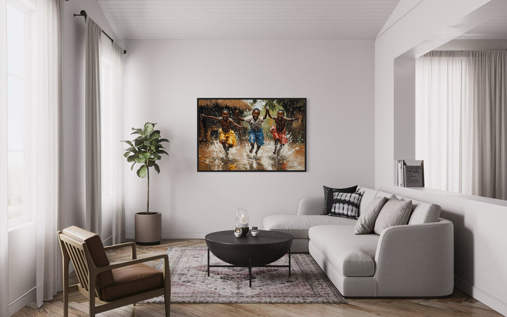 Happy African Boys Dancing In Rain Framed Canvas Wall Art