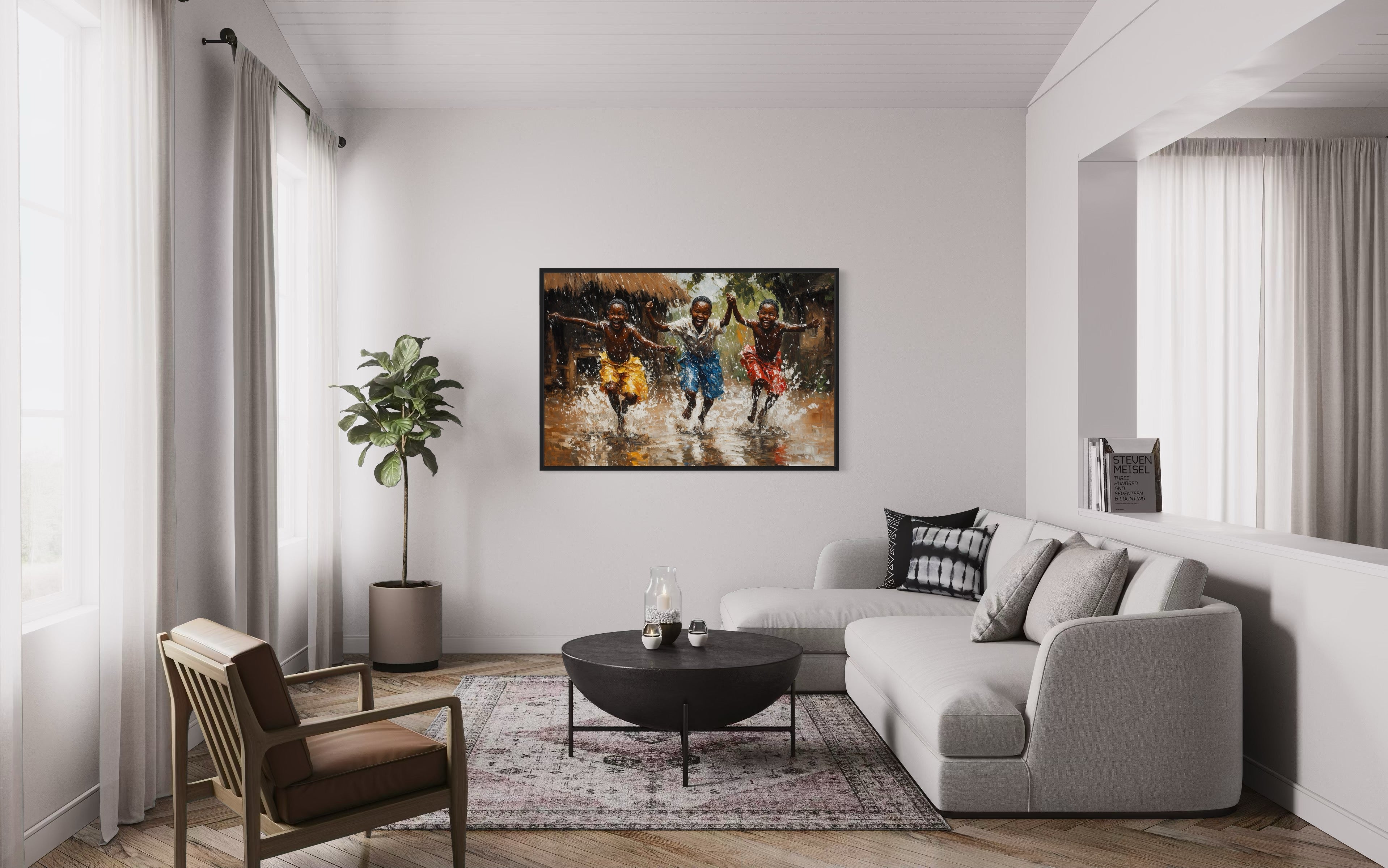 Happy African Boys Dancing In Rain Framed Canvas Wall Art