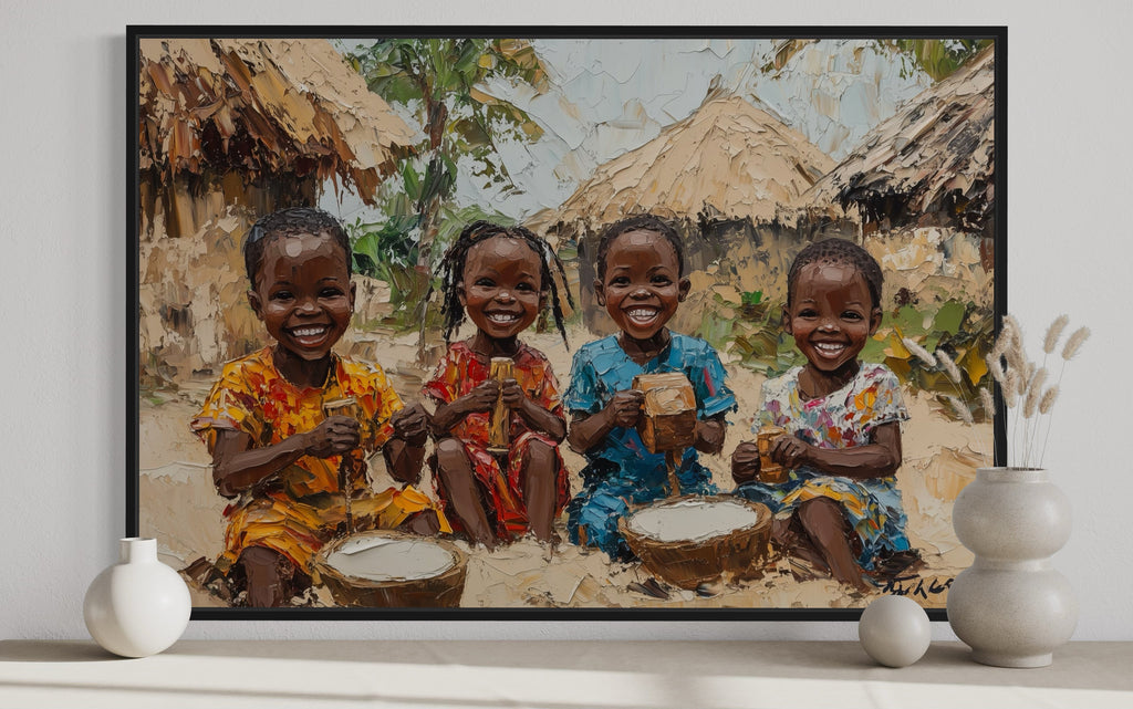 Happy African Children Playing In The Village Framed Canvas Wall Art