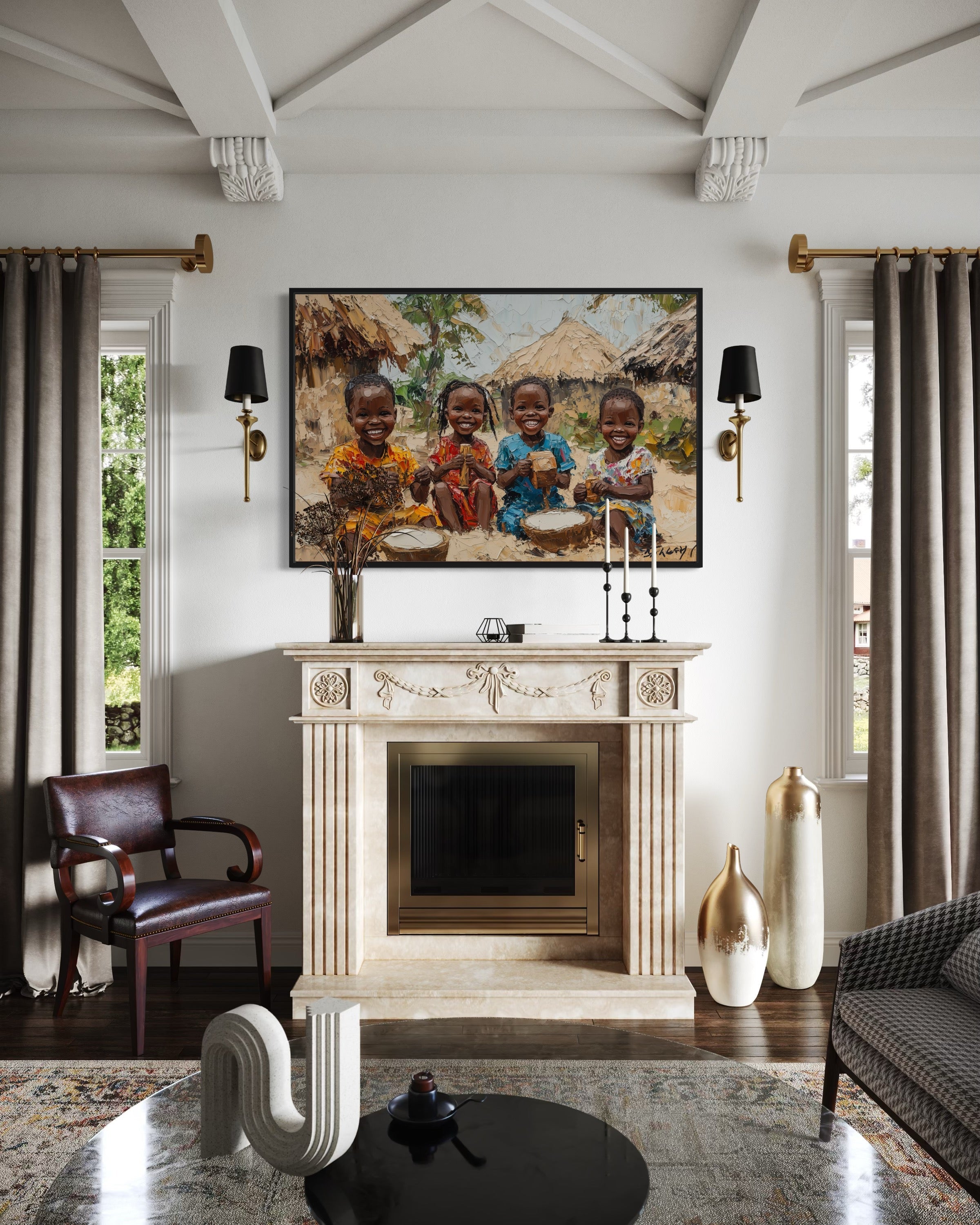 Happy African Children Playing In The Village Framed Canvas Wall Art