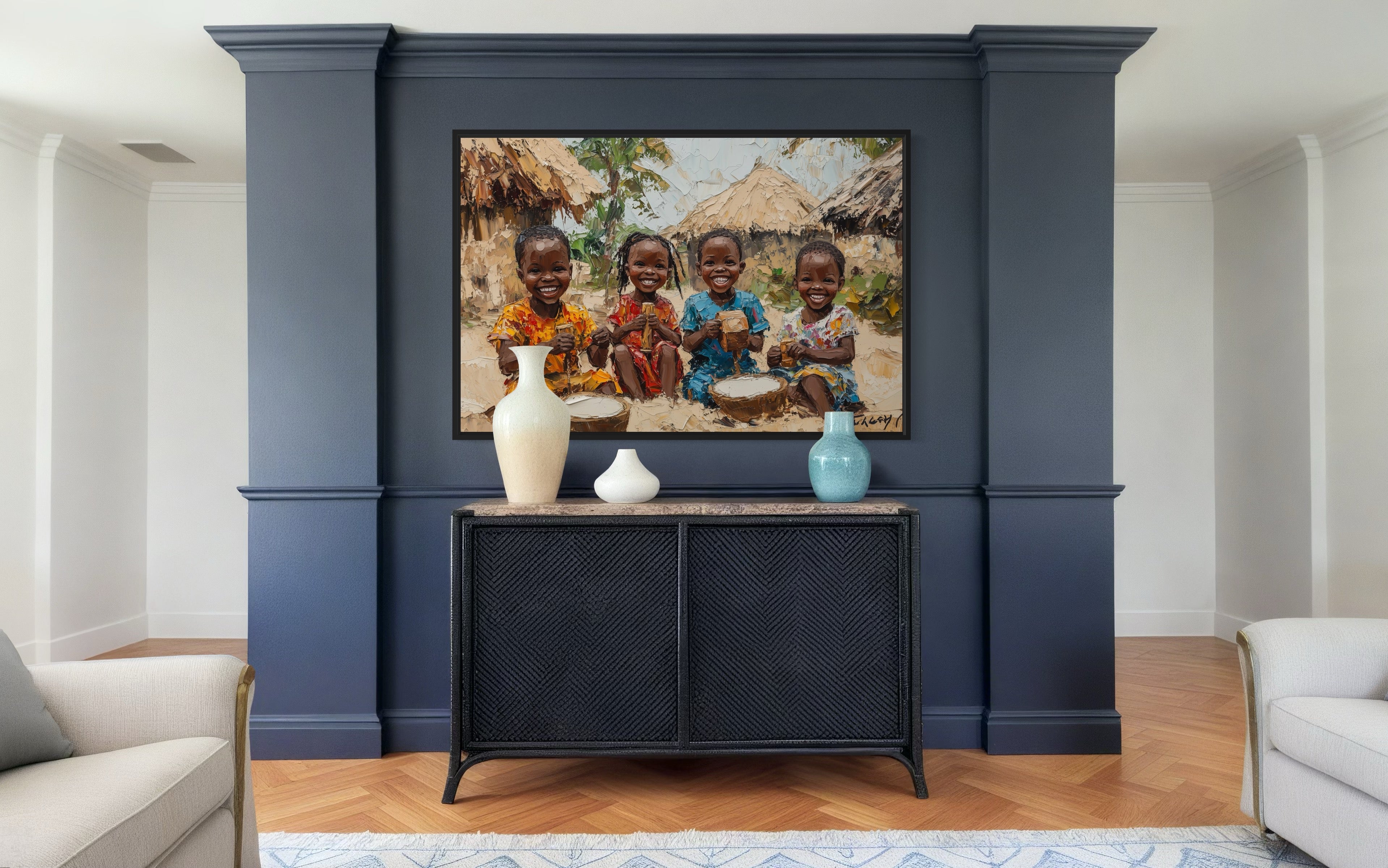 Happy African Children Playing In The Village Framed Canvas Wall Art