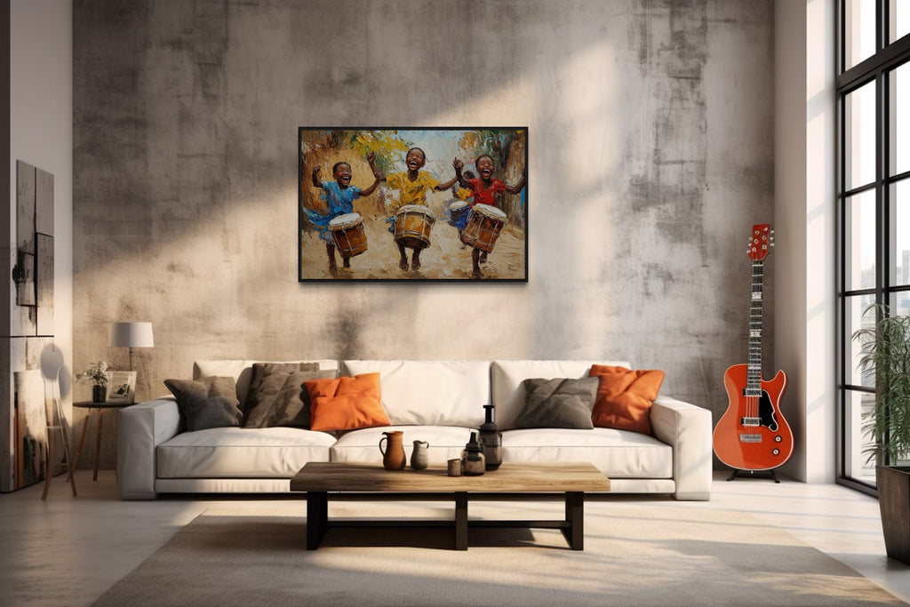 Happy African Kids Playing Drums Framed Canvas Wall Art