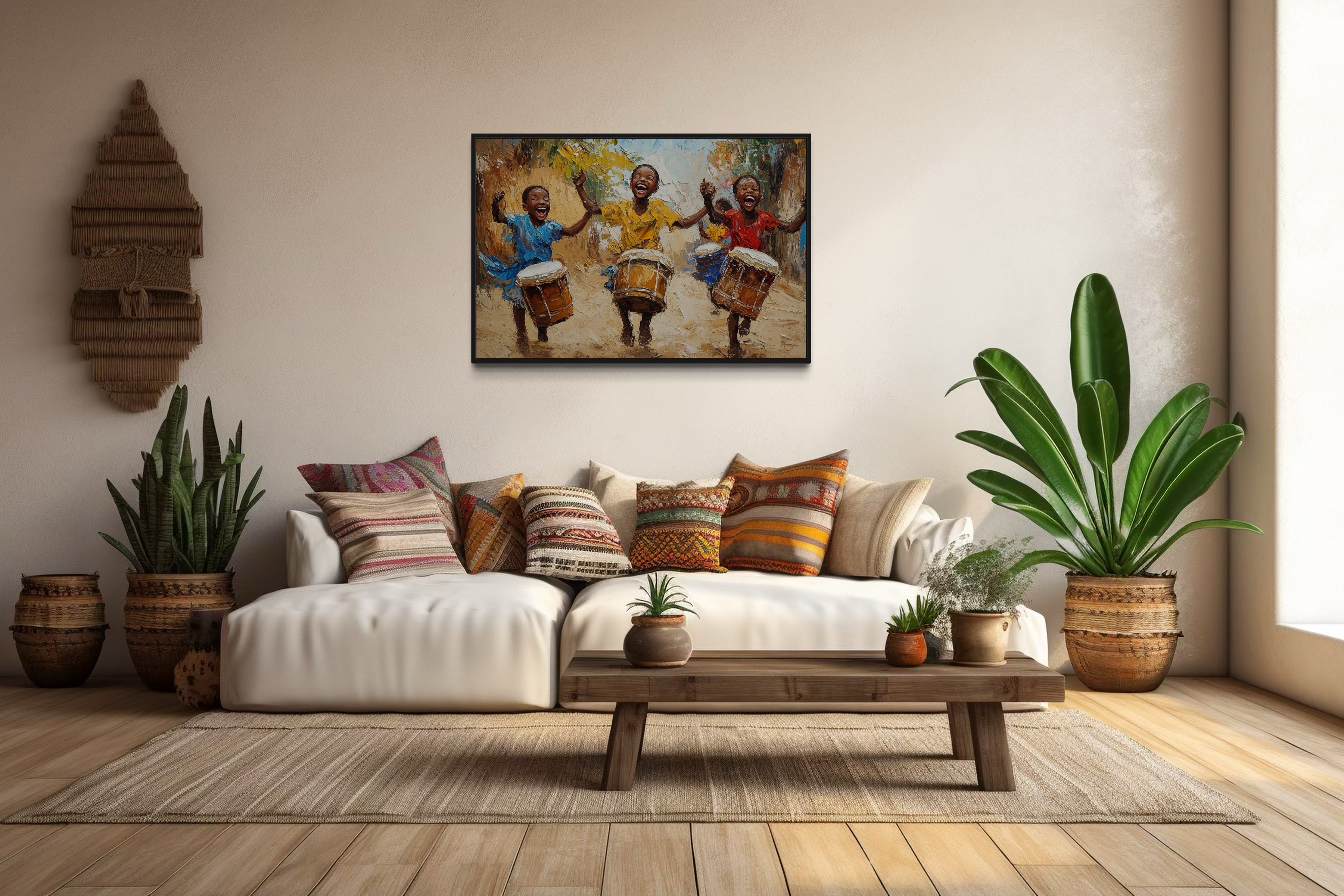 Happy African Kids Playing Drums Framed Canvas Wall Art