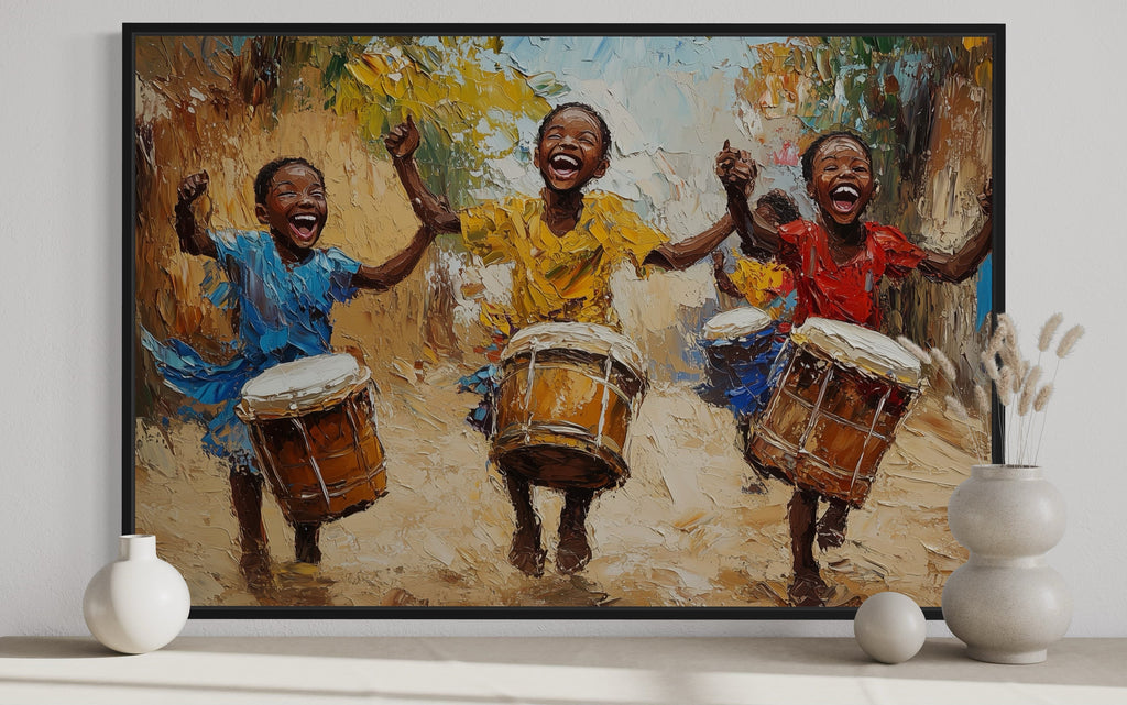 Happy African Kids Playing Drums Framed Canvas Wall Art