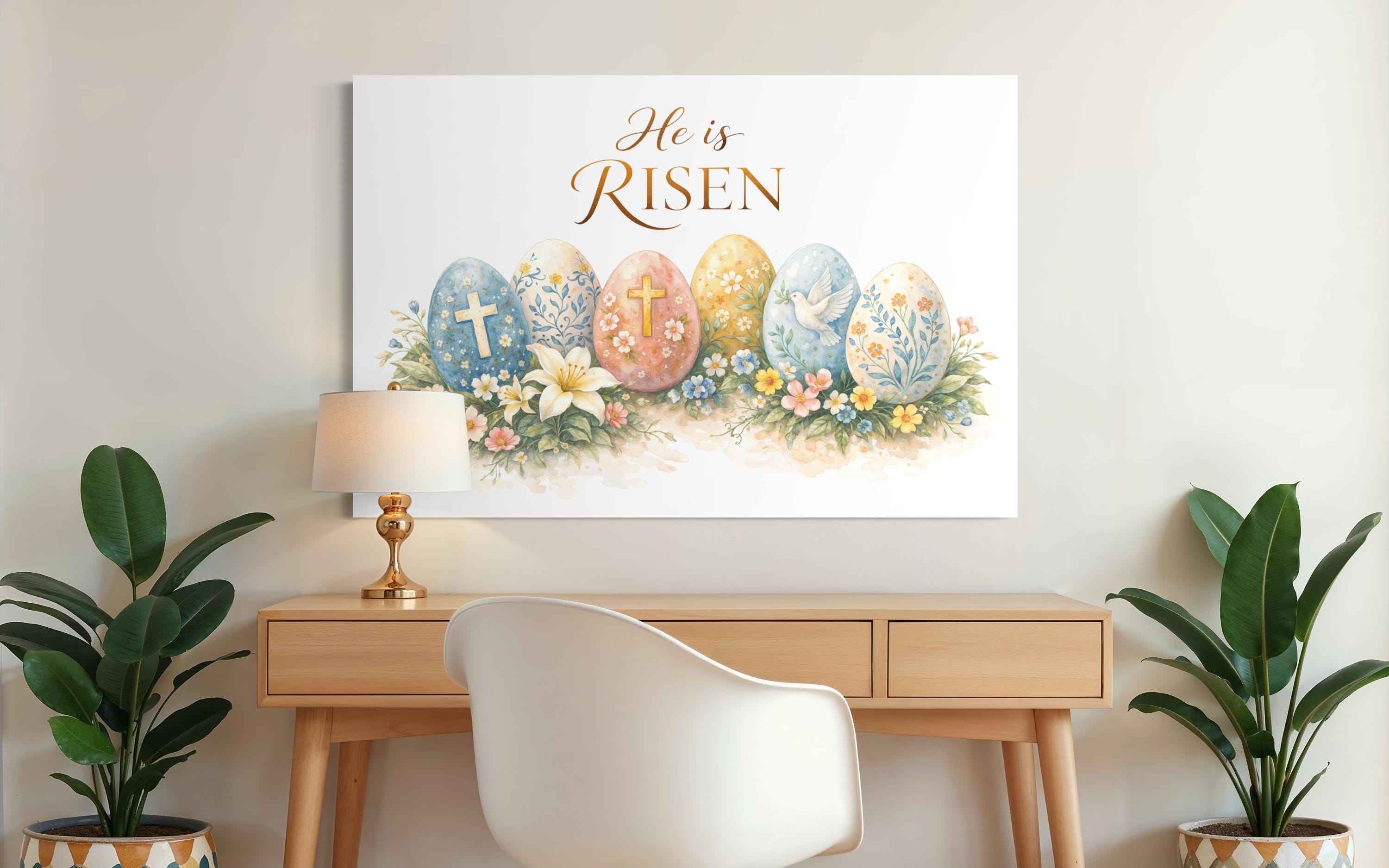 He Is Risen Wall Art – Christian Canvas Print with Cross and Floral Easter Decor