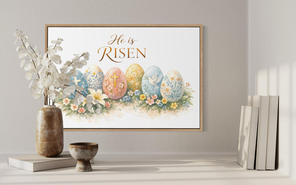 He Is Risen Wall Art – Christian Canvas Print with Cross and Floral Easter Decor