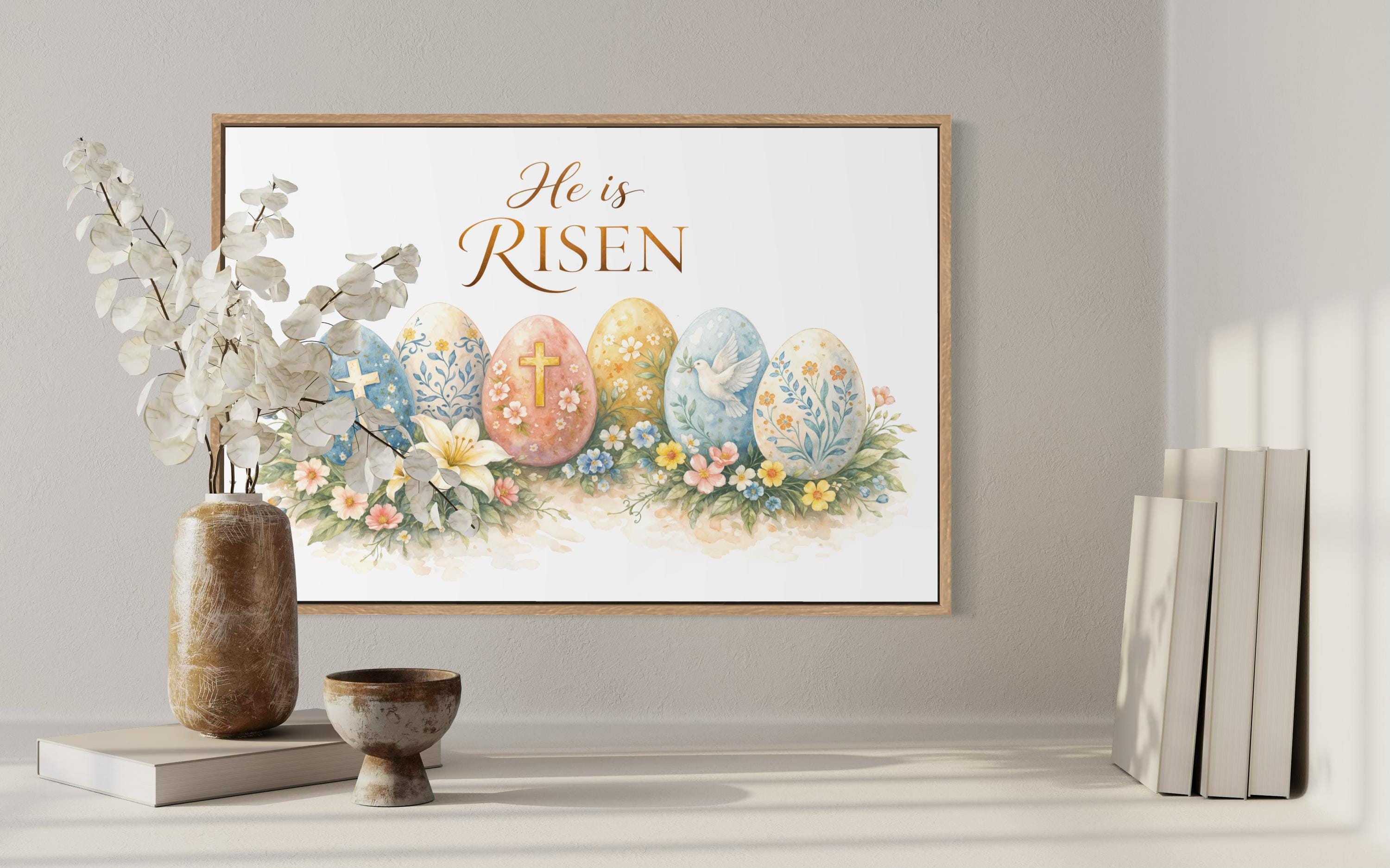He Is Risen Wall Art – Christian Canvas Print with Cross and Floral Easter Decor