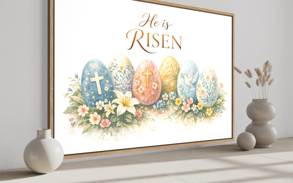 He Is Risen Wall Art – Christian Canvas Print with Cross and Floral Easter Decor