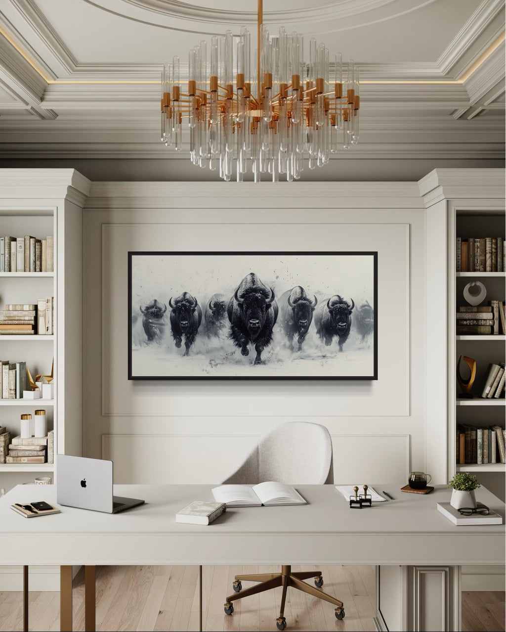 Herd Of Running Bison In Snow Black White Framed Canvas Wall Art