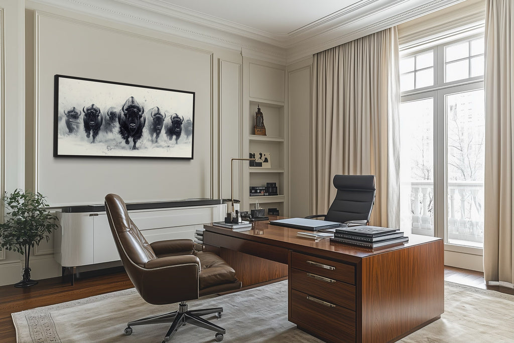 Herd Of Running Bison In Snow Black White Framed Canvas Wall Art
