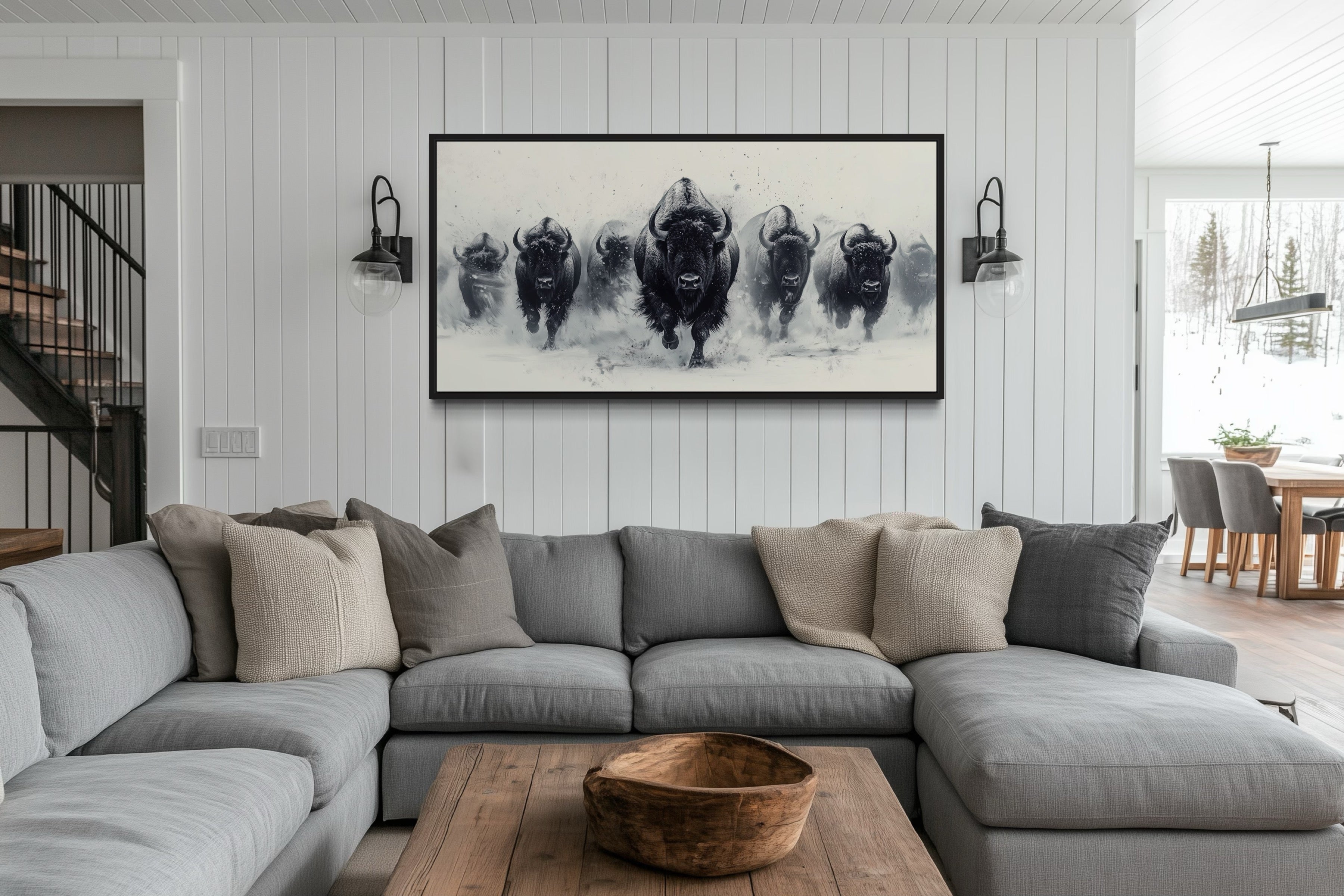 Herd Of Running Bison In Snow Black White Framed Canvas Wall Art