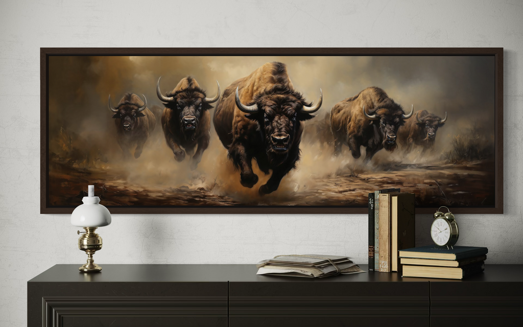 Herd of Running Bison Long Thin Horizontal Framed Canvas Wall Art