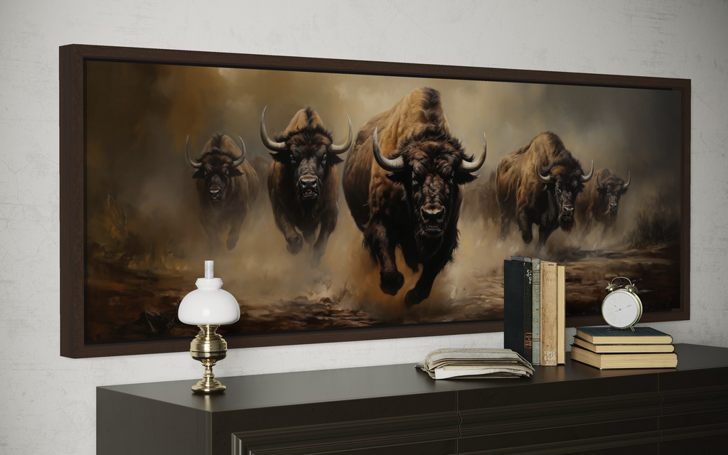 Herd of Running Bison Long Thin Horizontal Framed Canvas Wall Art