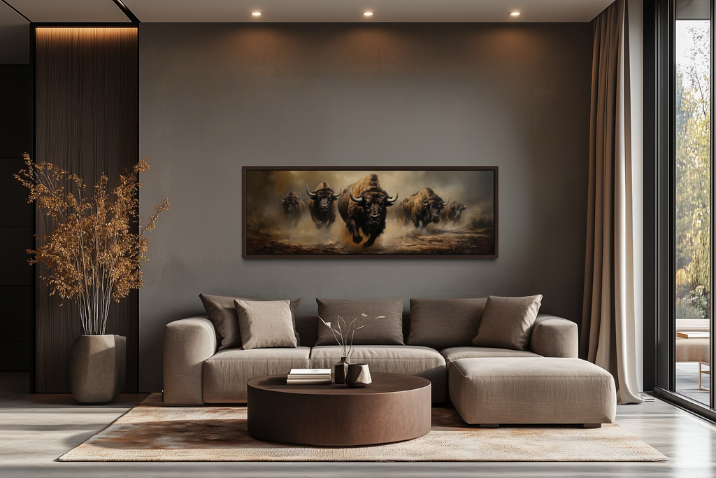 Herd of Running Bison Long Thin Horizontal Framed Canvas Wall Art