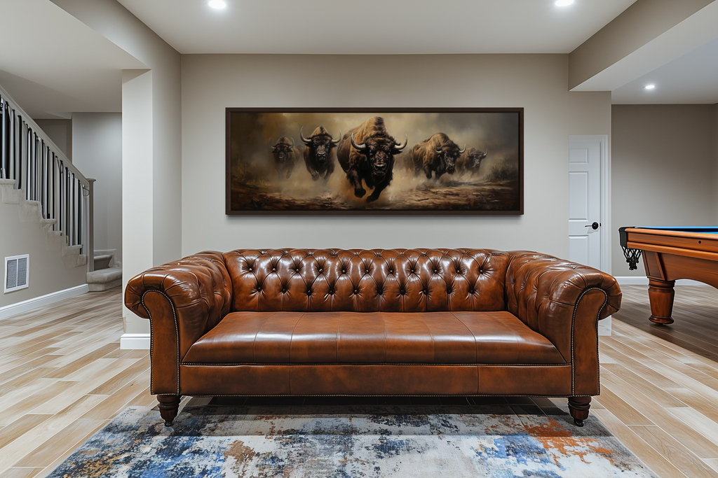 Herd of Running Bison Long Thin Horizontal Framed Canvas Wall Art