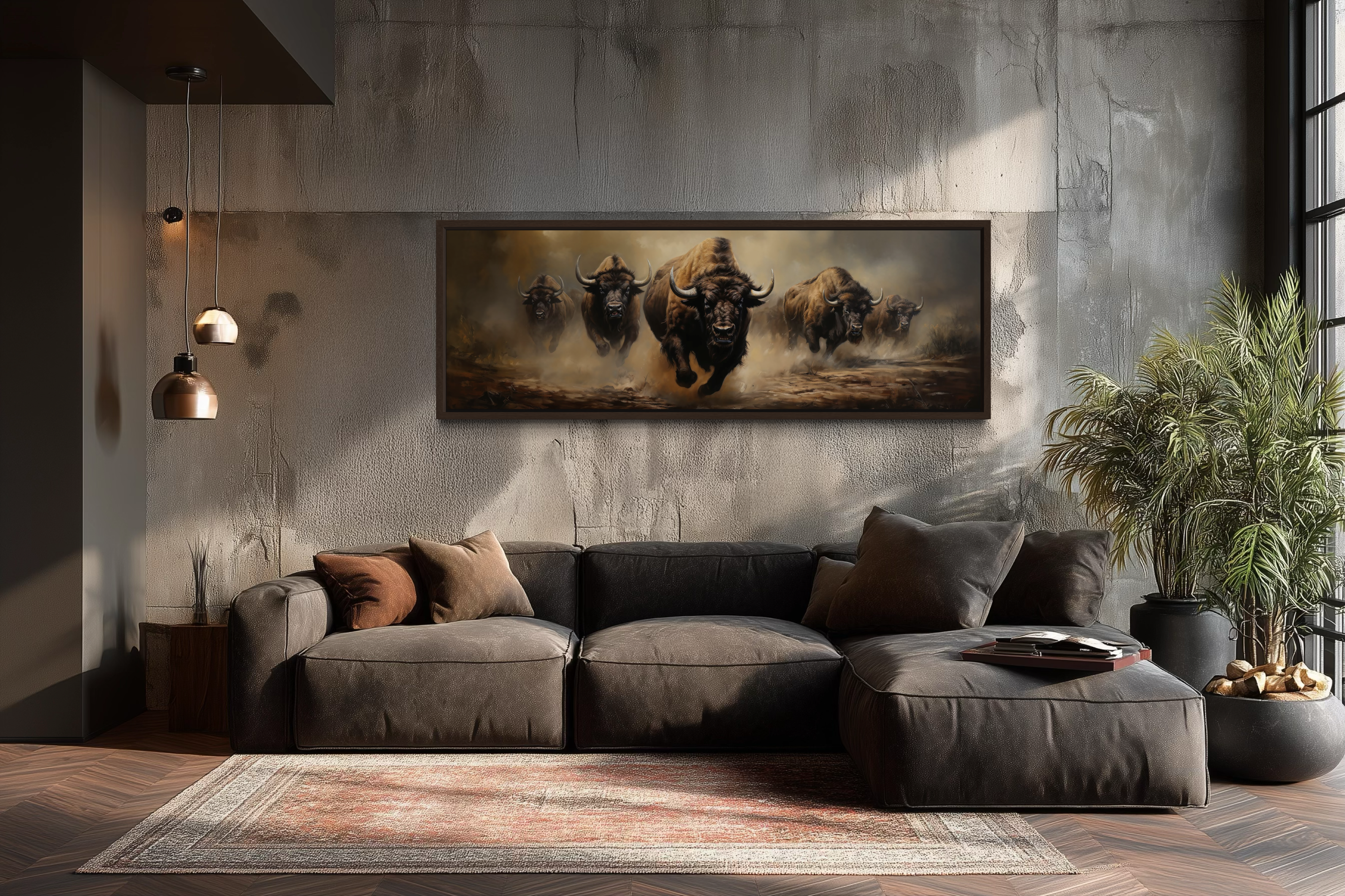 Herd of Running Bison Long Thin Horizontal Framed Canvas Wall Art