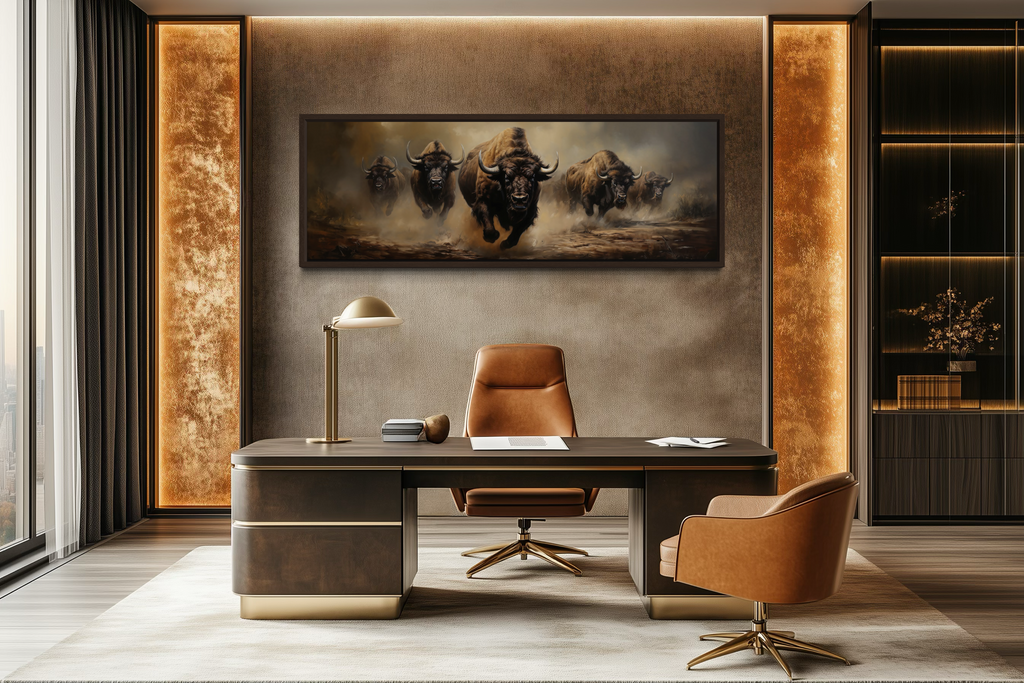 Herd of Running Bison Long Thin Horizontal Framed Canvas Wall Art