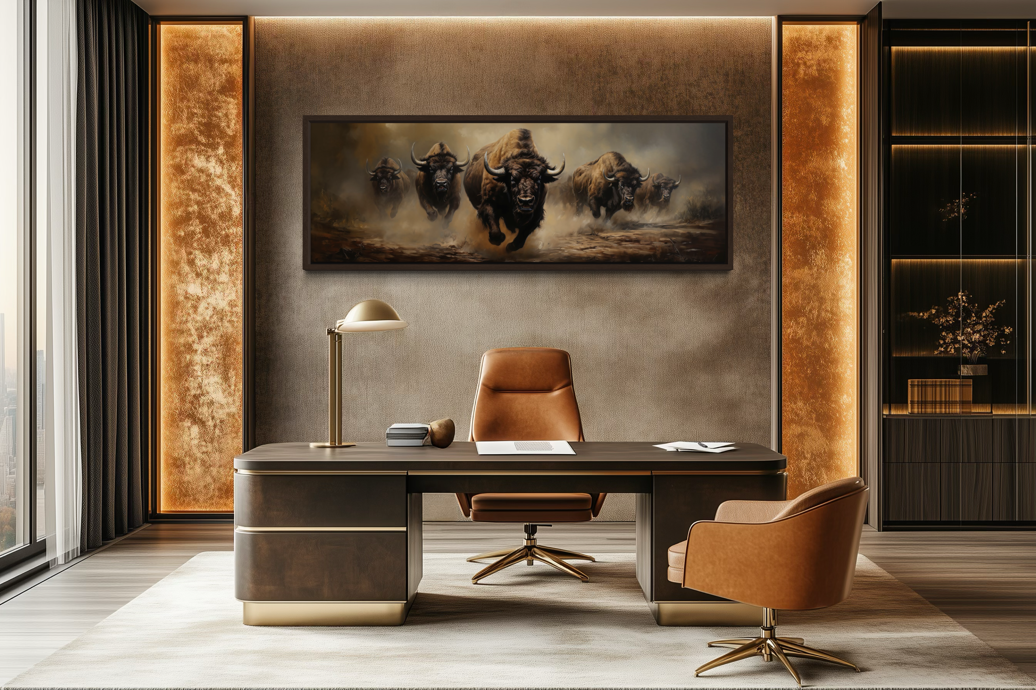 Herd of Running Bison Long Thin Horizontal Framed Canvas Wall Art