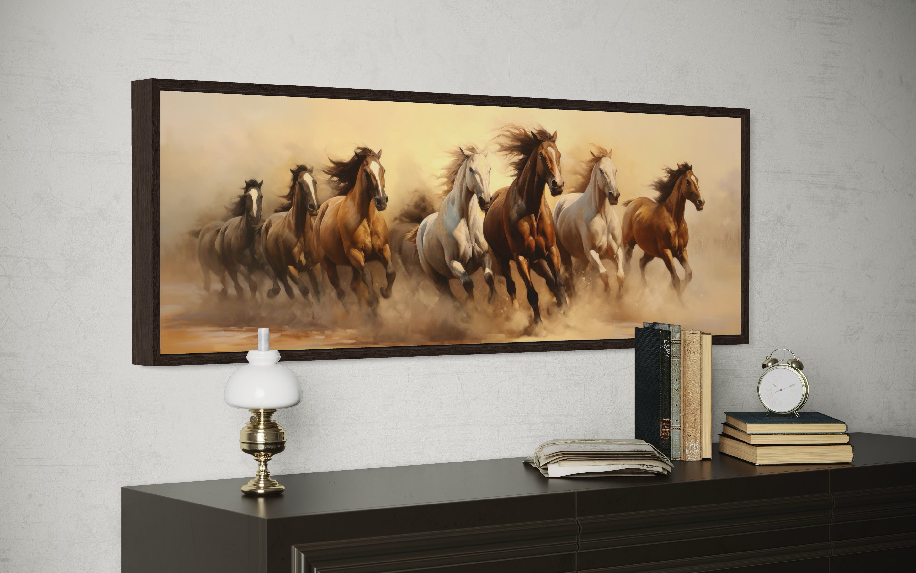 Herd of Wild Horses Running Panoramic Framed Canvas Wall Art