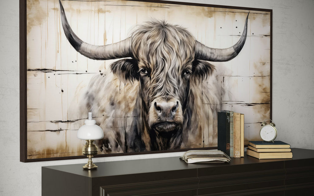 Highland Bull Painting On Wood Rustic Farmhouse Framed Canvas Wall Art