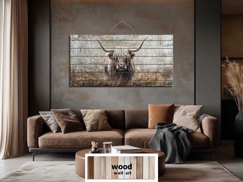 Highland Cow In Grass Distressed Wood Wall Art