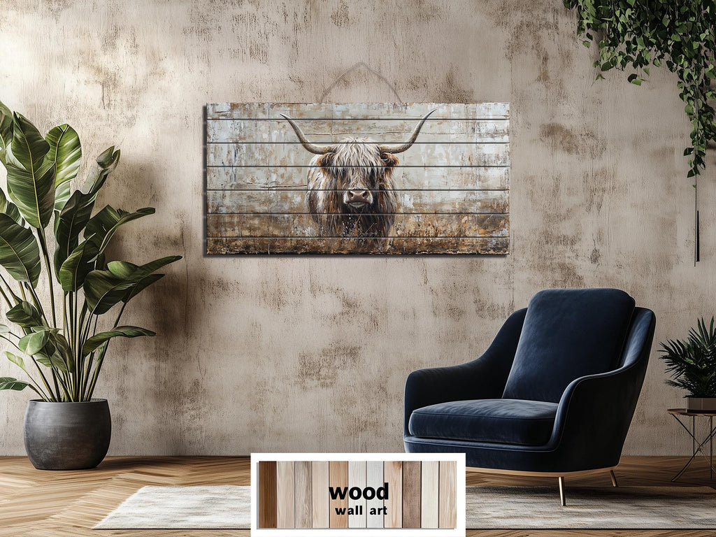 Highland Cow In Grass Distressed Wood Wall Art