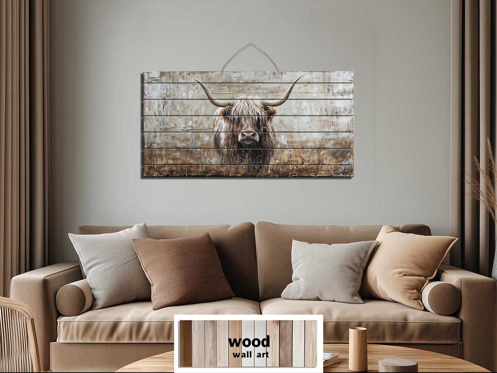 Highland Cow In Grass Distressed Wood Wall Art