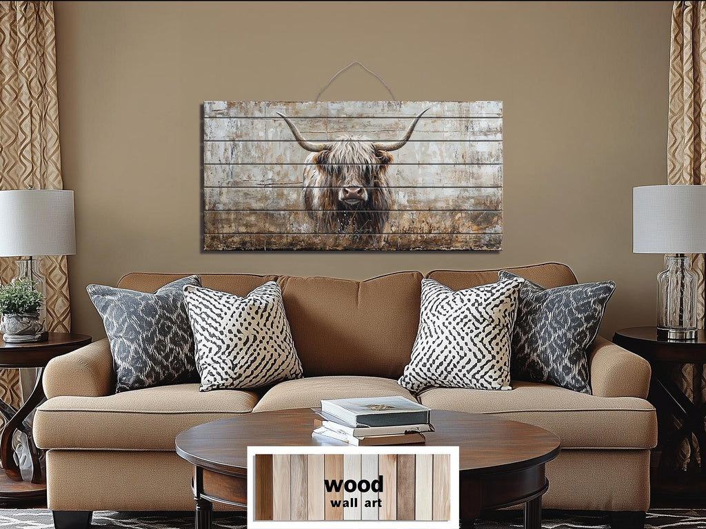 Highland Cow In Grass Distressed Wood Wall Art