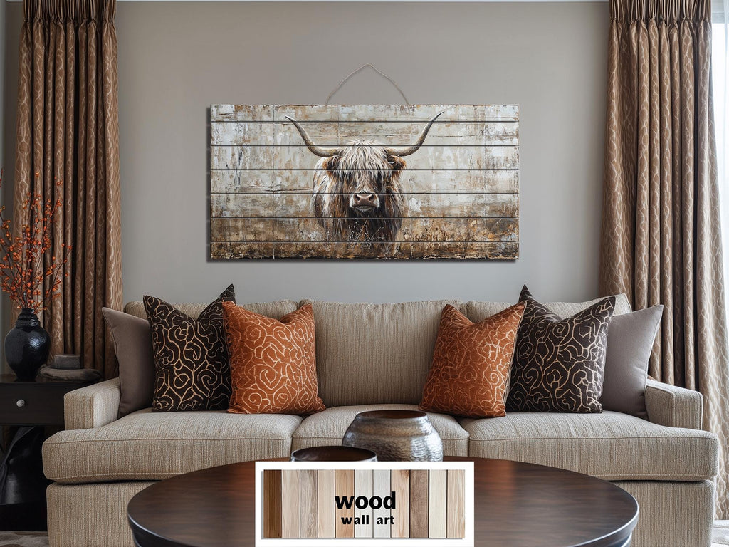 Highland Cow In Grass Distressed Wood Wall Art